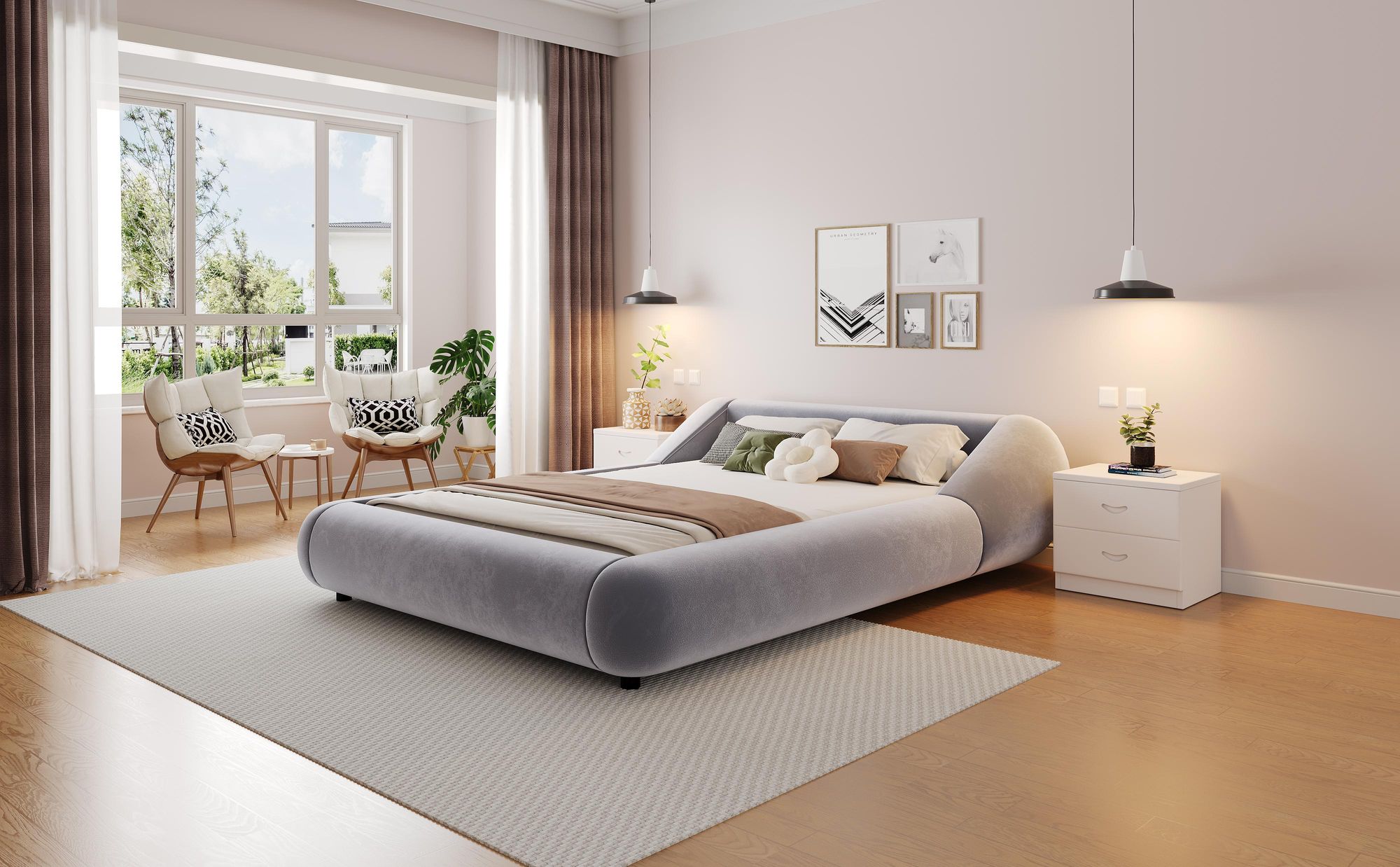Flieks Polsterbett 140x200cm mit Lattenrost, Doppelbett mit Kopfteil, Schwebendes Bettgestell mit LED-Beleuchtung, Grau, Samtstoff+Sperrholz+MDF