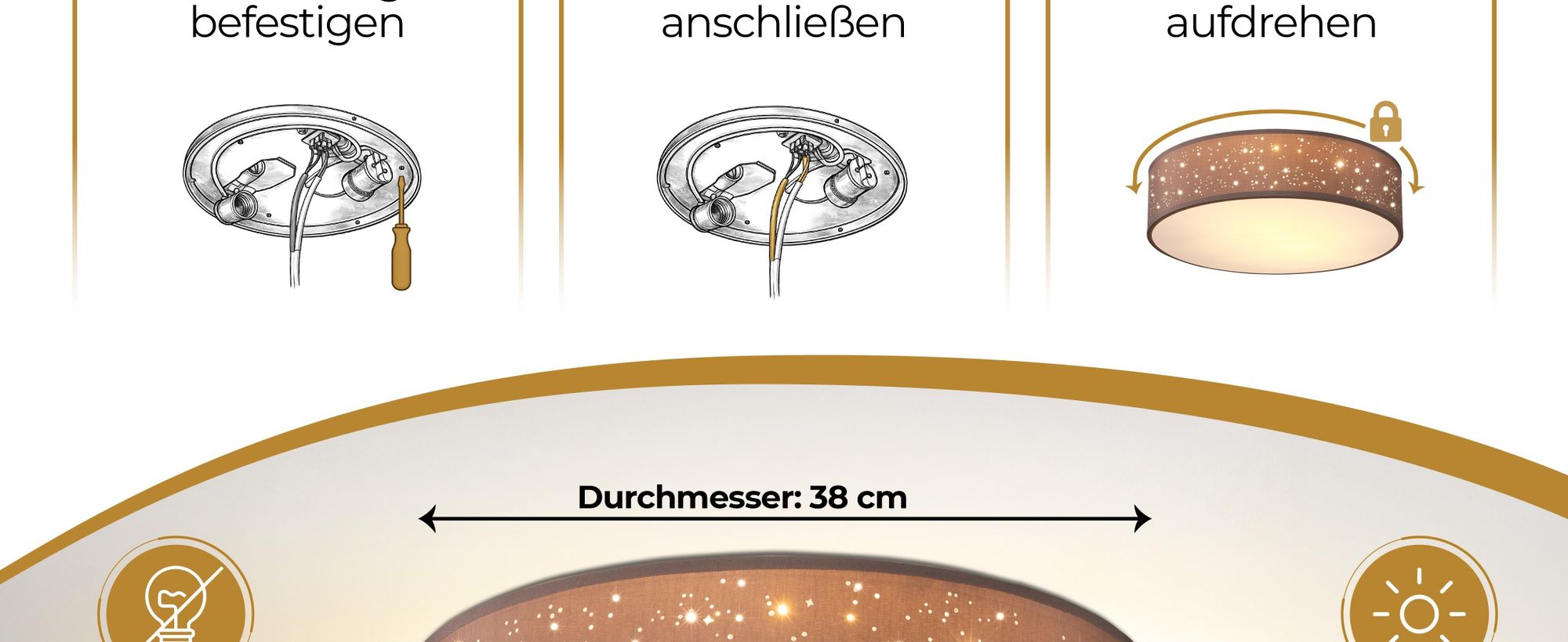 MONZANA® Deckenlampe Sternenhimmel Wohnzimmer Schlafzimmer E27 Taupe Rund 38cm Stoffschirm 2-Flammig 40W Küche Lampe Deckenleuchte Stoffdeckenlampe