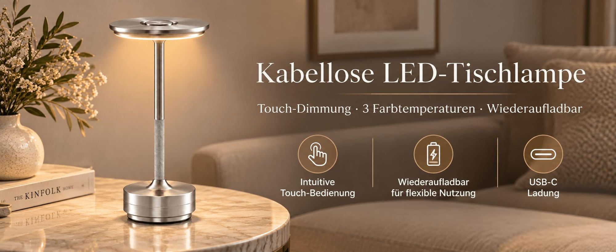 2er Set Kabellose Dimmbare LED Akku Tischleuchten, Touch Tischlampen, 3 Lichtfarben, Nachttischlampen für Wohnzimmer Schlafzimmer, Silber