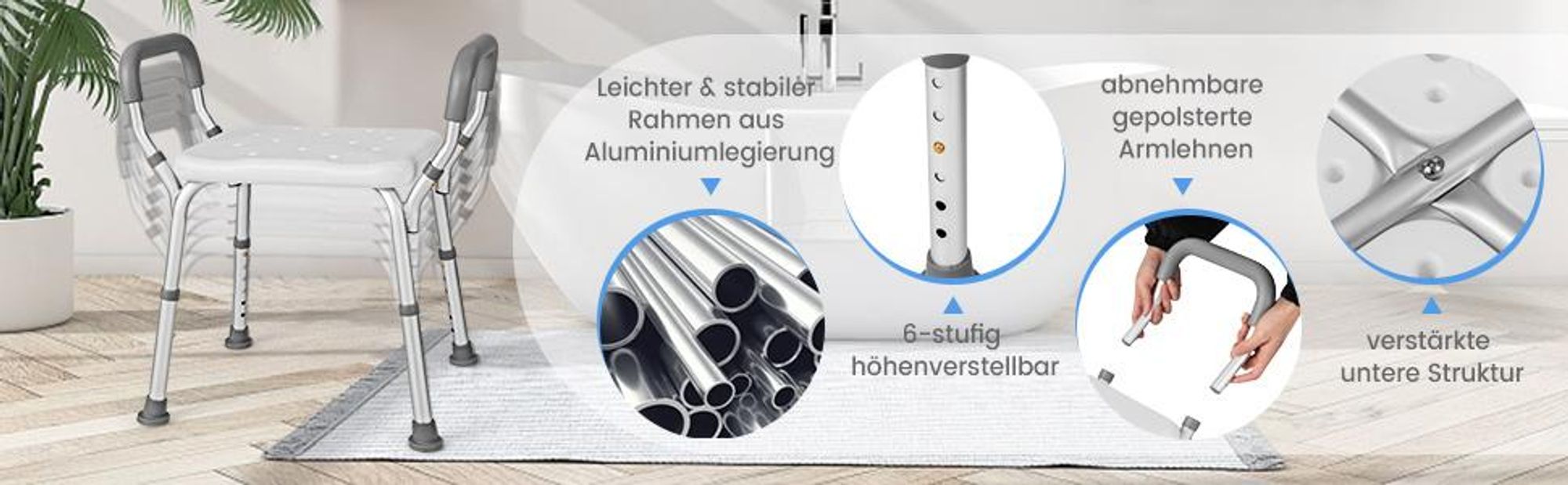 COSTWAY Duschbank mit abnehmbaren, gepolsterten Armlehnen & rutschfesten Gummifüßen, 6-stufig höhenverstellbarer Badehocker, medizinischer Duschstuhl