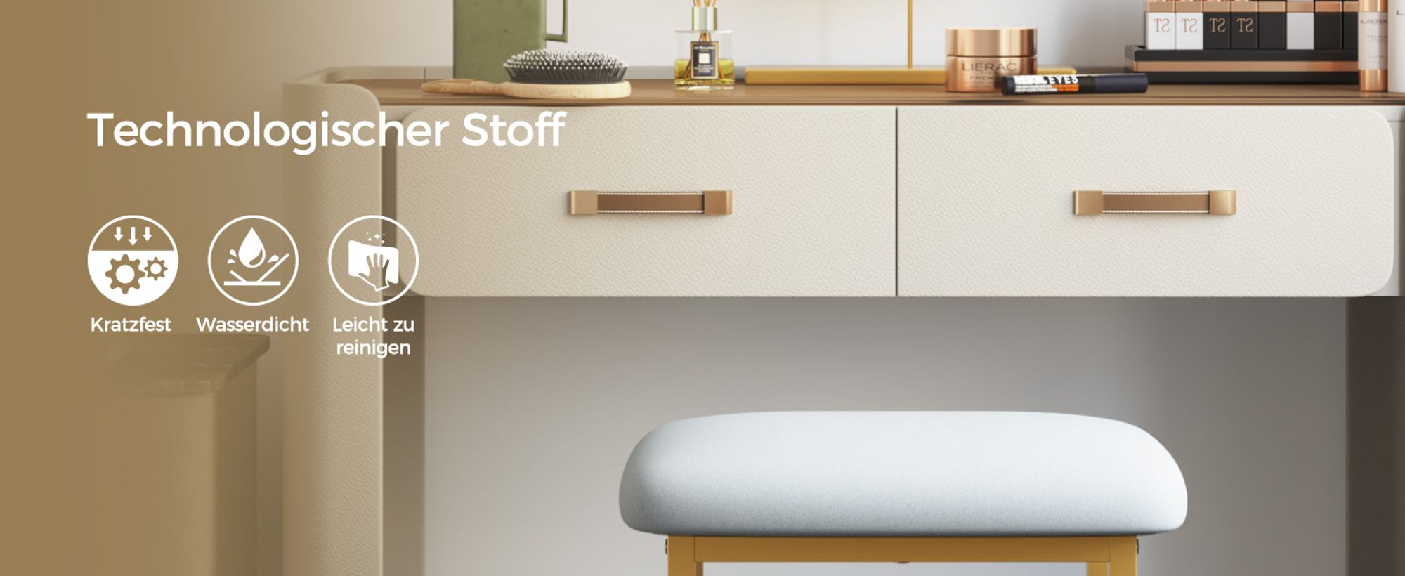 Mondeer Schminktisch-Hocker mit Metallrahmen & Technikstoff – Robust, Komfortabel, Platzsparend 41x31x44,5 cm