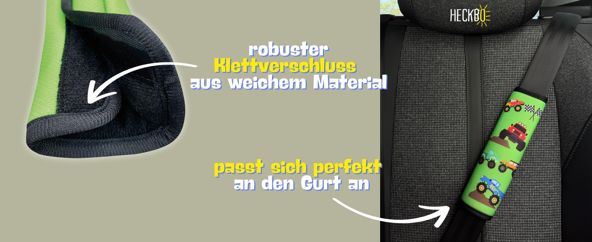 2x HECKBO Kinder Auto Gurtpolster Gurtschutz mit Monster Truck Motiv - Sicherheitsgurt Polster für Kinder und Babys- Ideal für jeden Gurt Autositzerhöhungen Kinder Fahrradanhänger Flugzeug Jungen