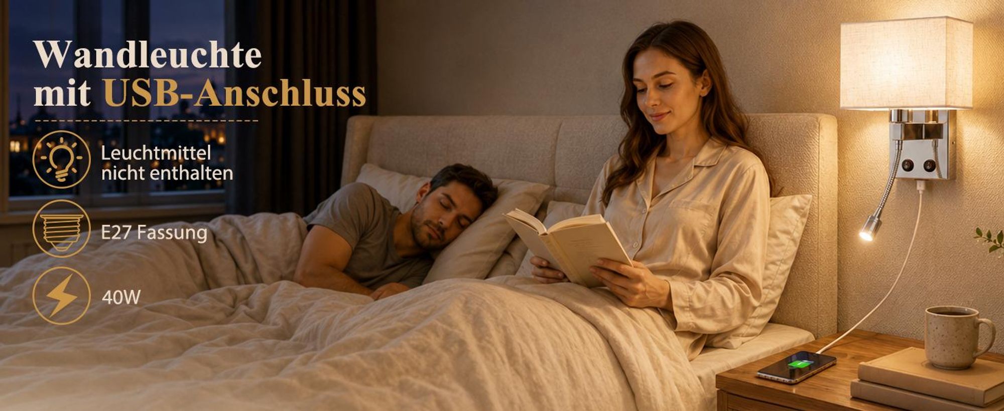 ZMH Lampada da parete a LED, con porta USB, 2W, lampada da lettura moderna, illuminazione da parete con paralume in tessuto, attacco E27, interruttore, lampada da comodino per camera da letto, hotel