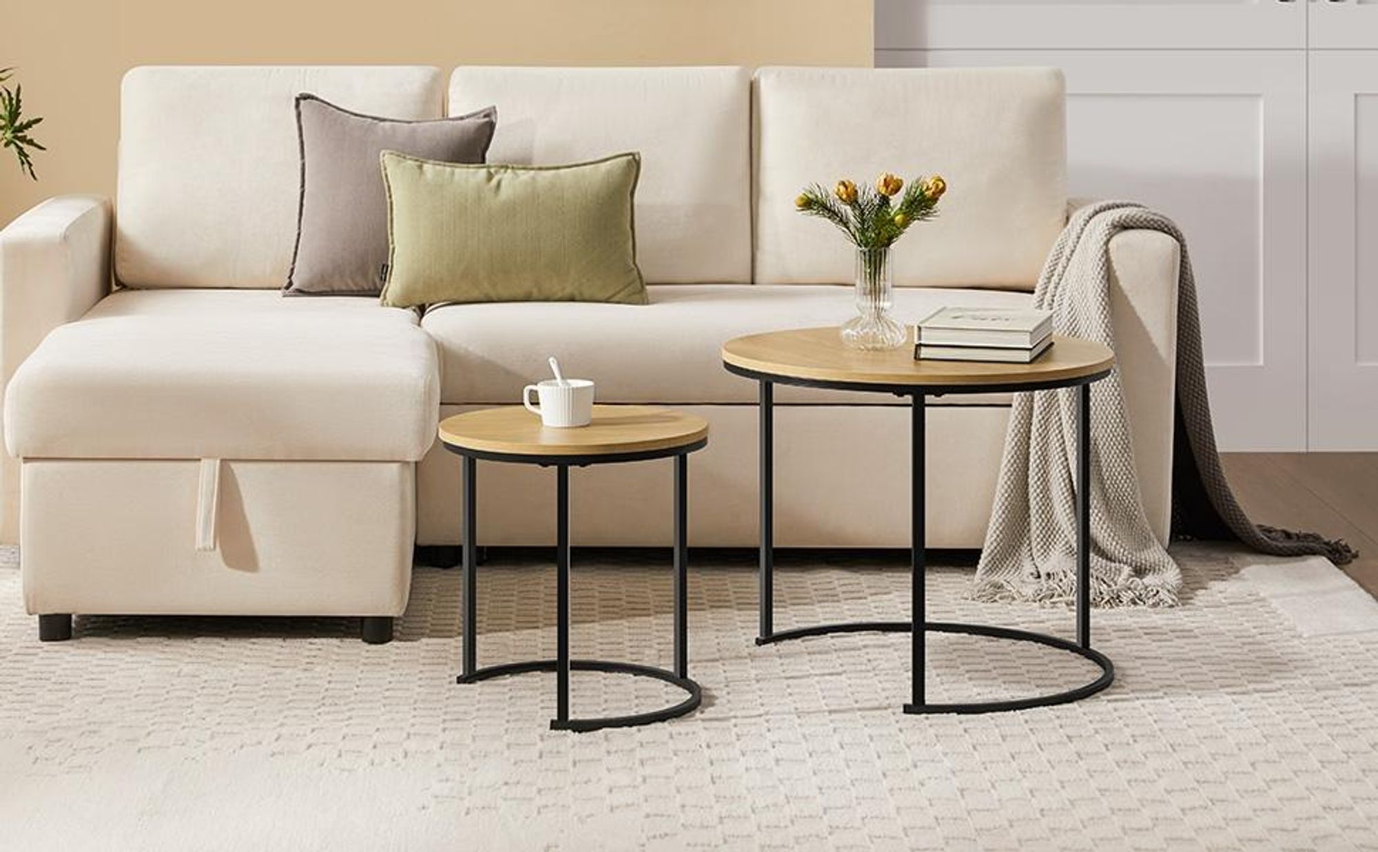 Yaheetech Couchtisch 2er Set, runder Beistelltisch Set, Sofatisch mit Metallgestell, Satztische für Wohnzimmer Schlafzimmer, Eiche