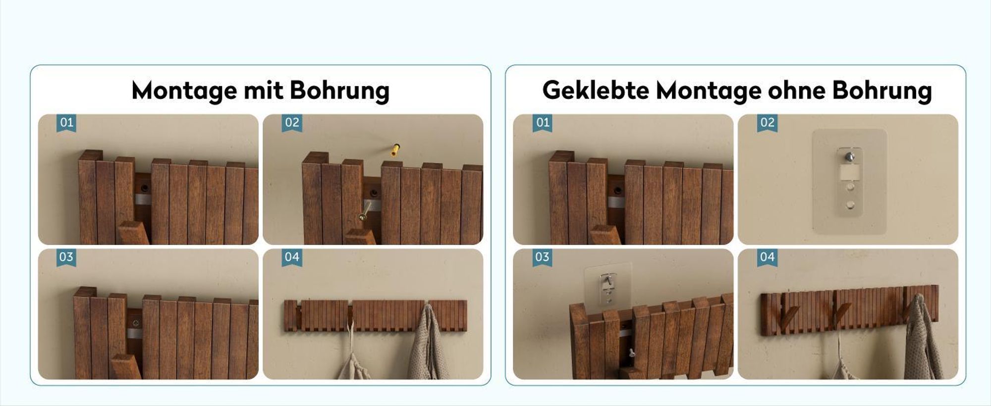 doporro Garderobenhaken Kleiderhaken Wand mit 7 Haken für Jacken, Garderobenleiste für Flur und Garderobe Wandgarderobe aus Holz, Matt Schwarz Twigro-01