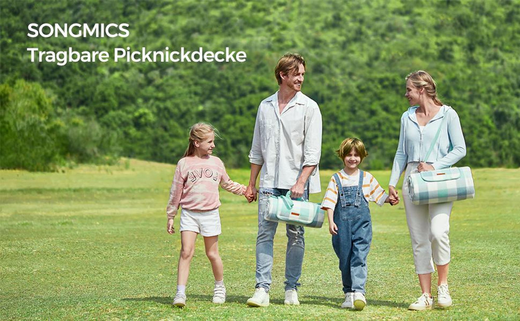 SONGMICS Picknickdecke, 200 x 200 cm, mit 4 Erdankern, wasserdicht, grün-weiß