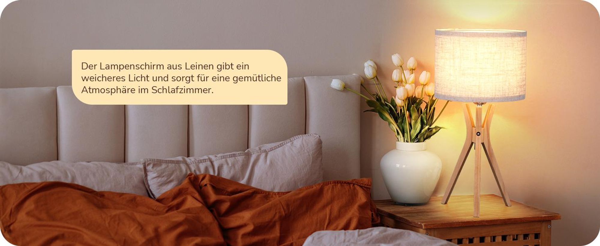EDISHINE Nachttischlampe Holz, LED Tischlampe mit Leinen Lampenschirm, Beige