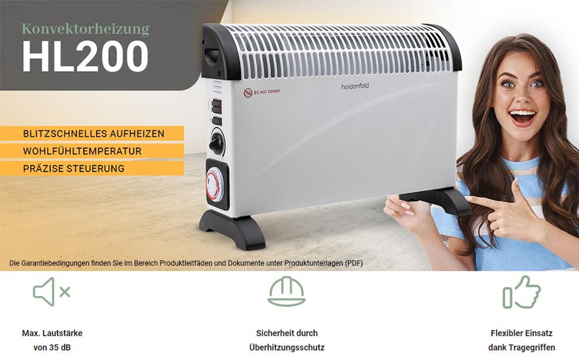 Konvektorheizung HL200 | Inkl. 3 Heizstufen - Timer - 750-2000 Watt - Heizlüfter elektrisch - Thermostat - Elektroheizung - Bis 25m² (Mit Turbo)