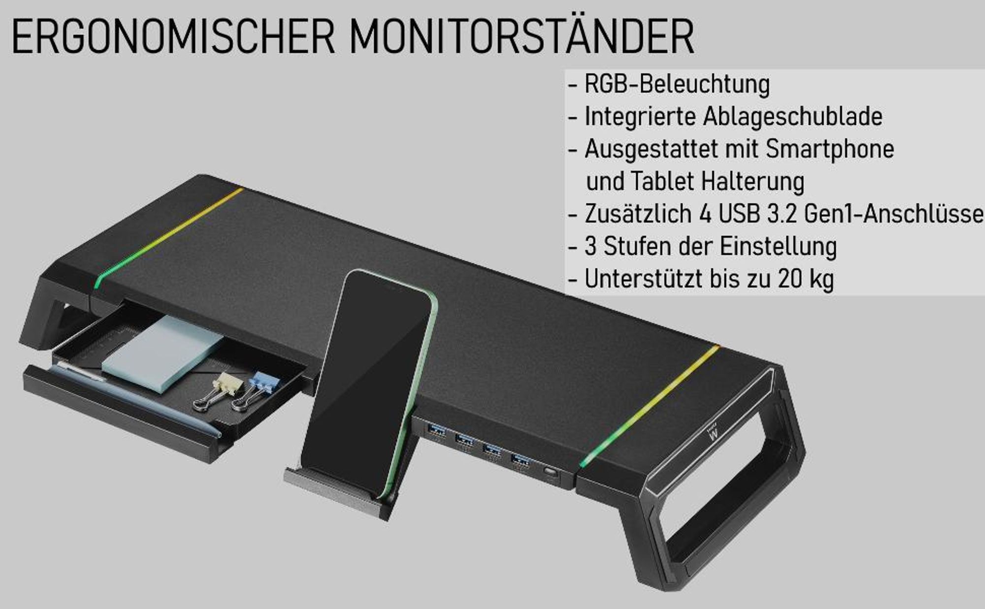 Monitorständer, Monitorerhöhung, Bildschirmerhöhung, Laptopständer, Bildschirmerhöhung mit Smartphone-Halter, mit Ablagefach und 4 USB Anschlüsse