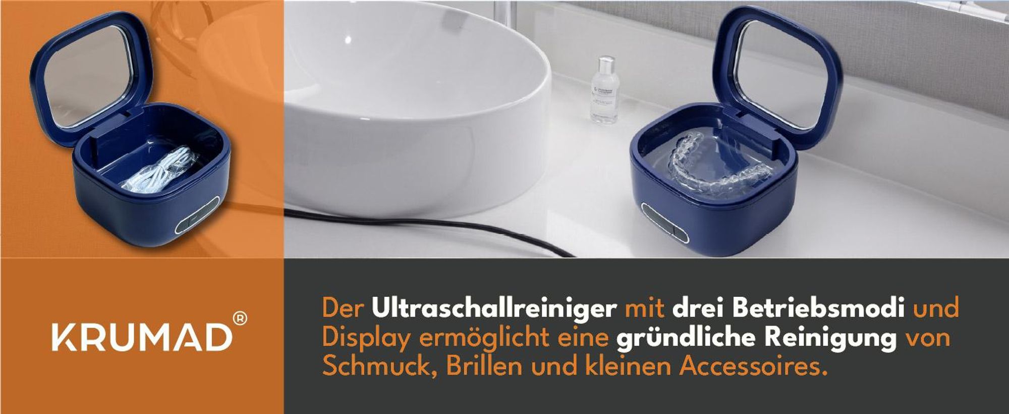 KRUMAD Ultraschallreiniger für Zahnschienen, Ultraschallreinigungsgerät für Retainer, Aligner & Dentalzubehör, 200 ml, Akku, Blau