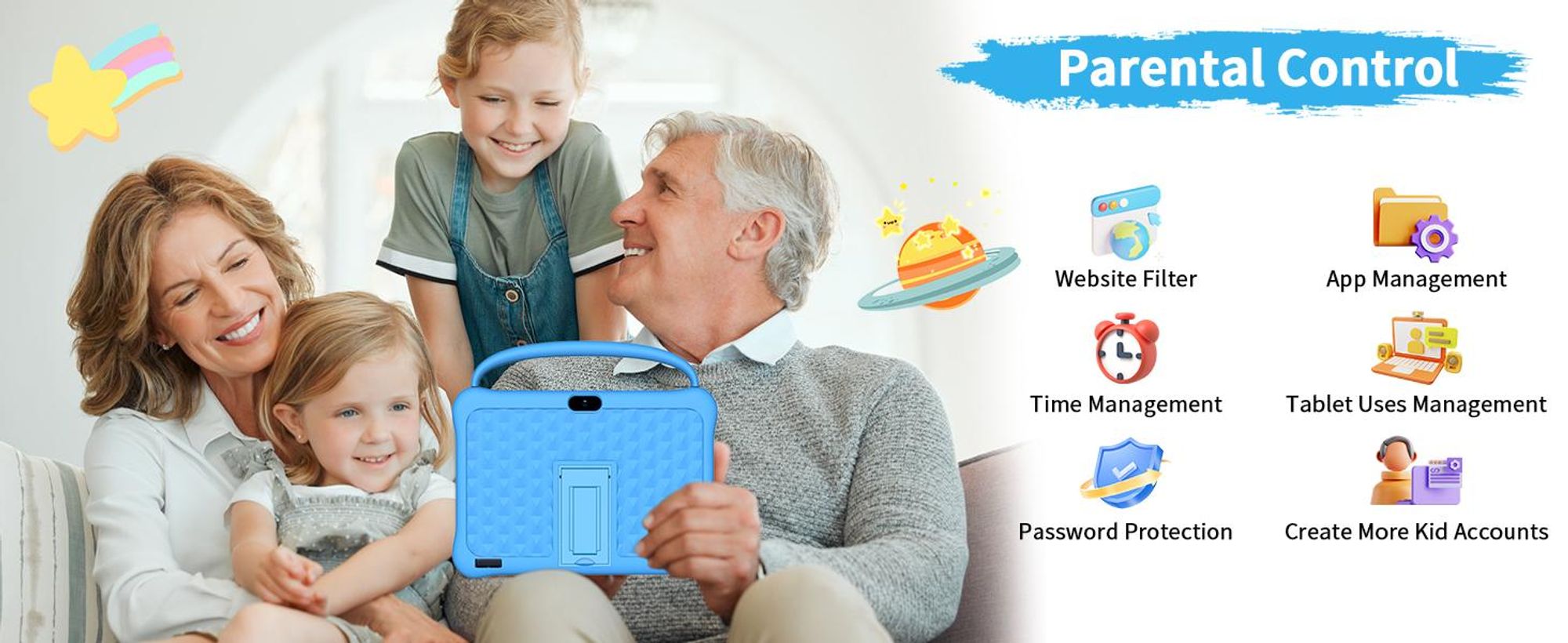 PRITOM Android 13 Tablet für Kinder, 10 Zoll Octa-Core, 64 GB RAM, 1 TB TF-Karte erweiterbar, Kindersicherung, Dual-Kamera, WLAN