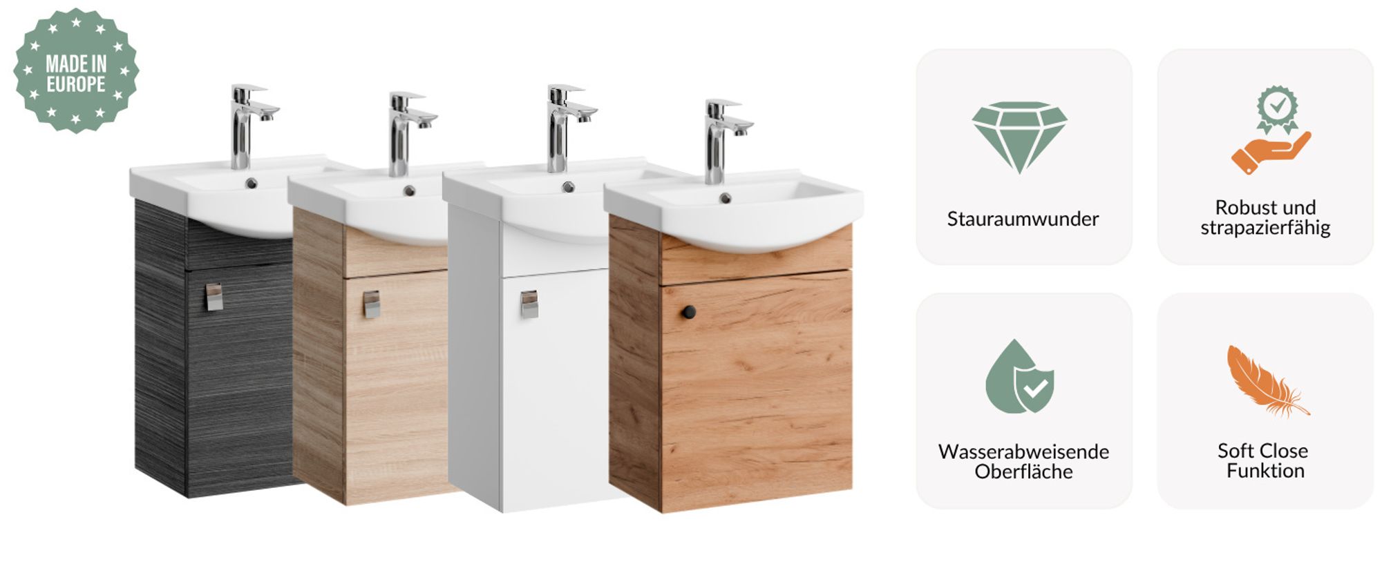 Planetmöbel Badmöbel-Set Waschtisch mit Unterschrank 45 cm Gold Eiche mit Armatur Chrom