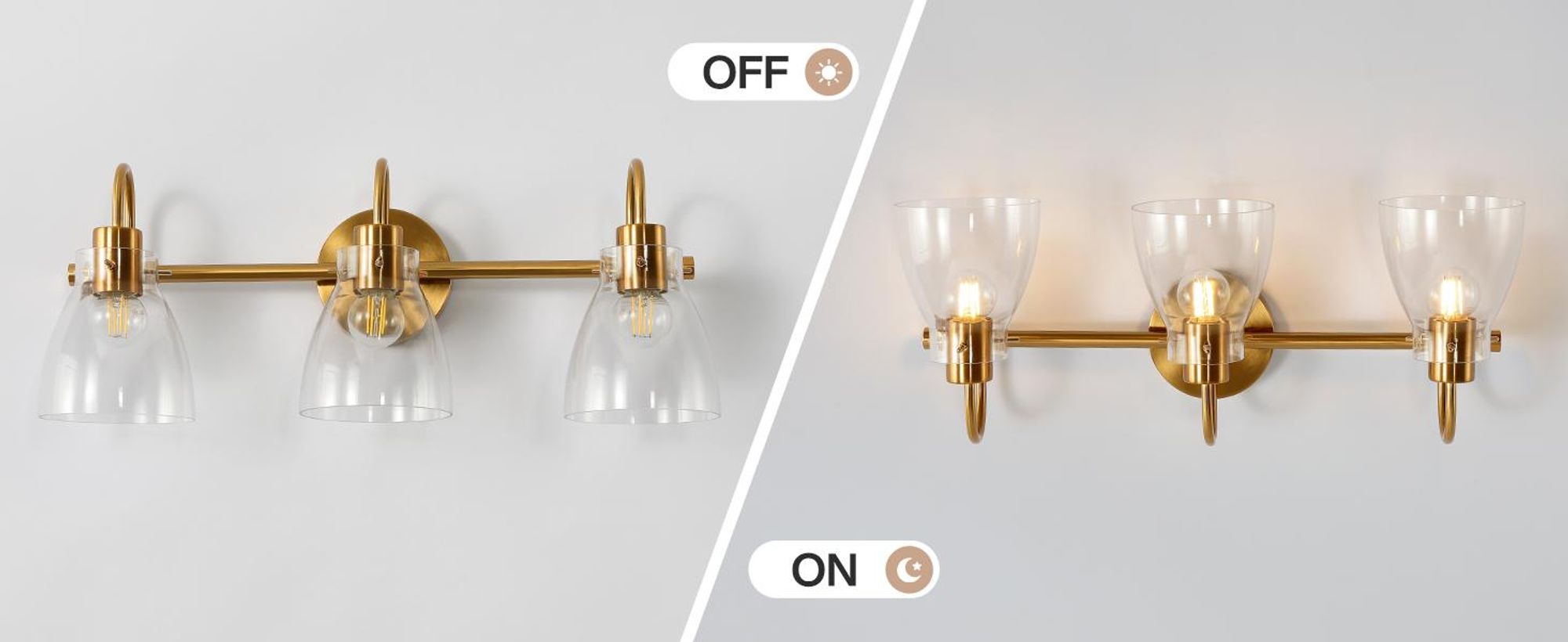Wandleuchte 3-flammige Spiegelleuchte mit klarem Glasschirm, gebürstetes Gold für Schlafzimmer, Wohnzimmer und Flur, E26-Fassung.
