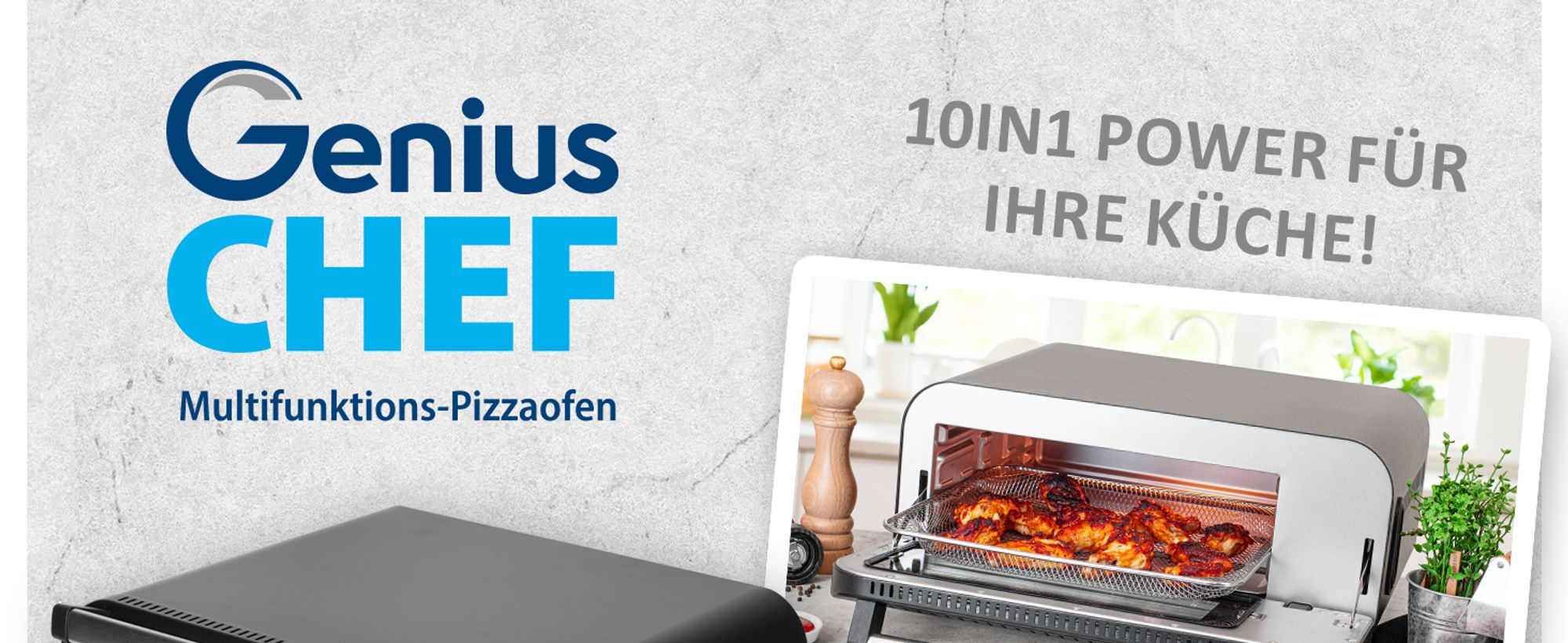 Genius Chef elektrischer Pizzaofen 10 in 1 8 tlg, 400°C, 2000 Watt, integrierter Airfryer, Steakgrill, Pizzastein und Pizzaschieber inklusive, 4 Modi