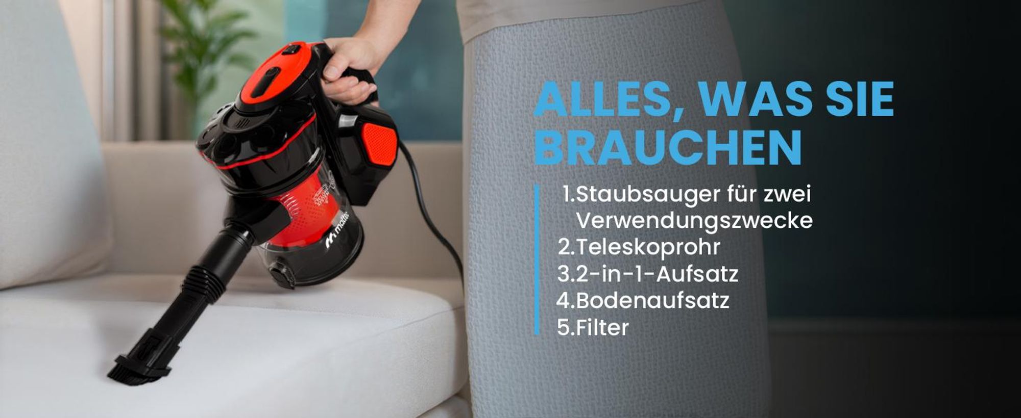 MalTec Handstaubsauger 5in1 600W Zyklon Staubsauger 5in1 Beutellos für Autos Zuhause Camping