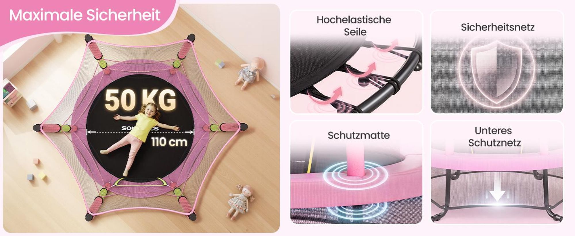 SONGMICS Trampolin Kinder, 174 cm Gartentrampolin mit Sicherheitsnetz, Mini-Trampolin für innen und außen, Stahlrahmen, pink