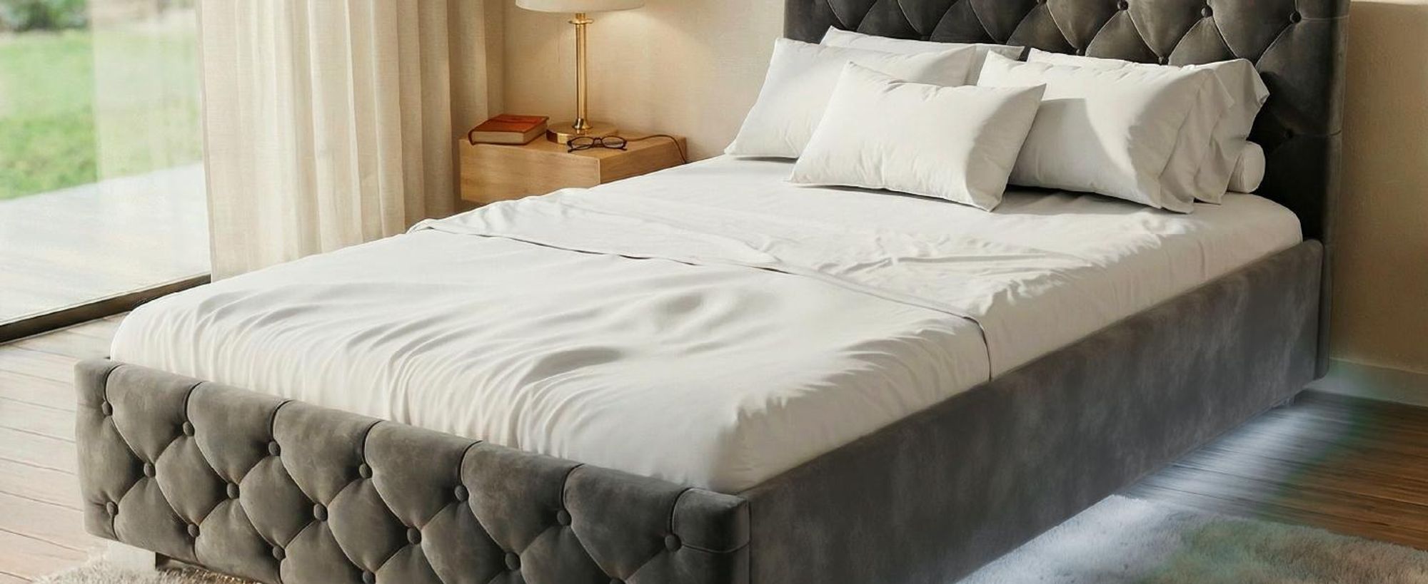 Juskys Polsterbett Nizza 120x200 cm Grau - Bettgestell mit Lattenrost, Stauraum & LED Beleuchtung - Bett mit Samtbezug & Chesterfield-Steppung