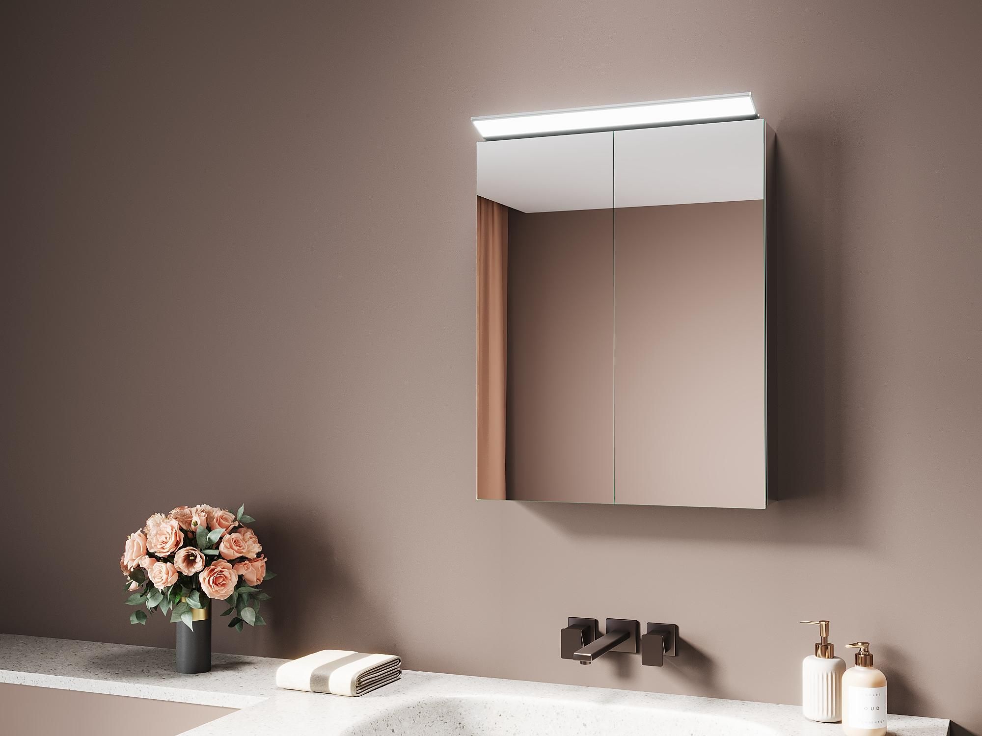 Sonni Doppeltüriger Edelstahl-Spiegelschrank 52 x 65 x 12 cm Silber-Weiß Mit Spiegelbeleuchtung Leicht zu reinigen