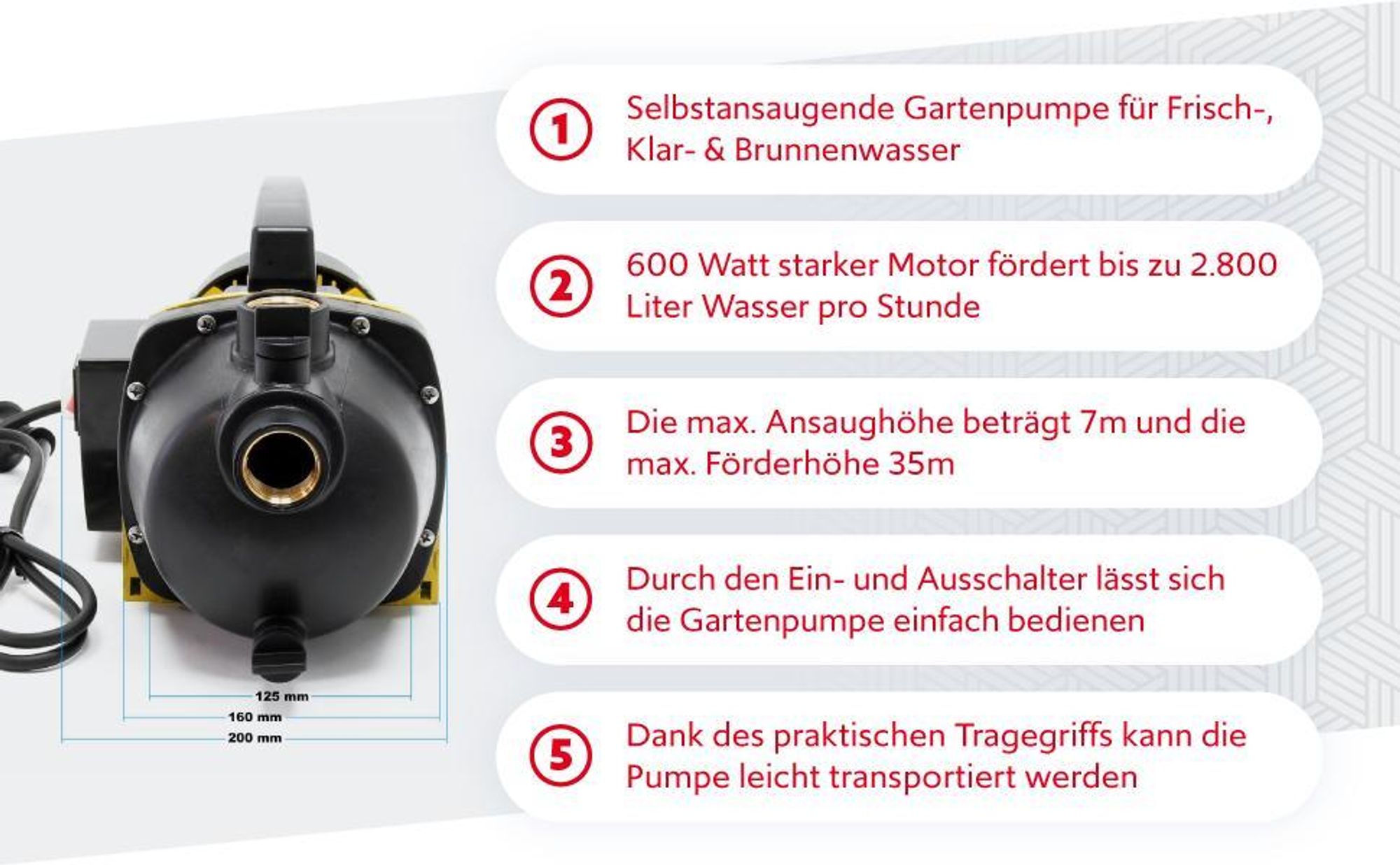 Wiltec Gartenpumpe 2800l/h, 600W, mit Tragegriff & Wasserablassschraube, max. Förderhöhe 35m, für Süßwasser Hauswasserwerk Wasserpumpe Bewässerungspumpe Regenwasserpumpe