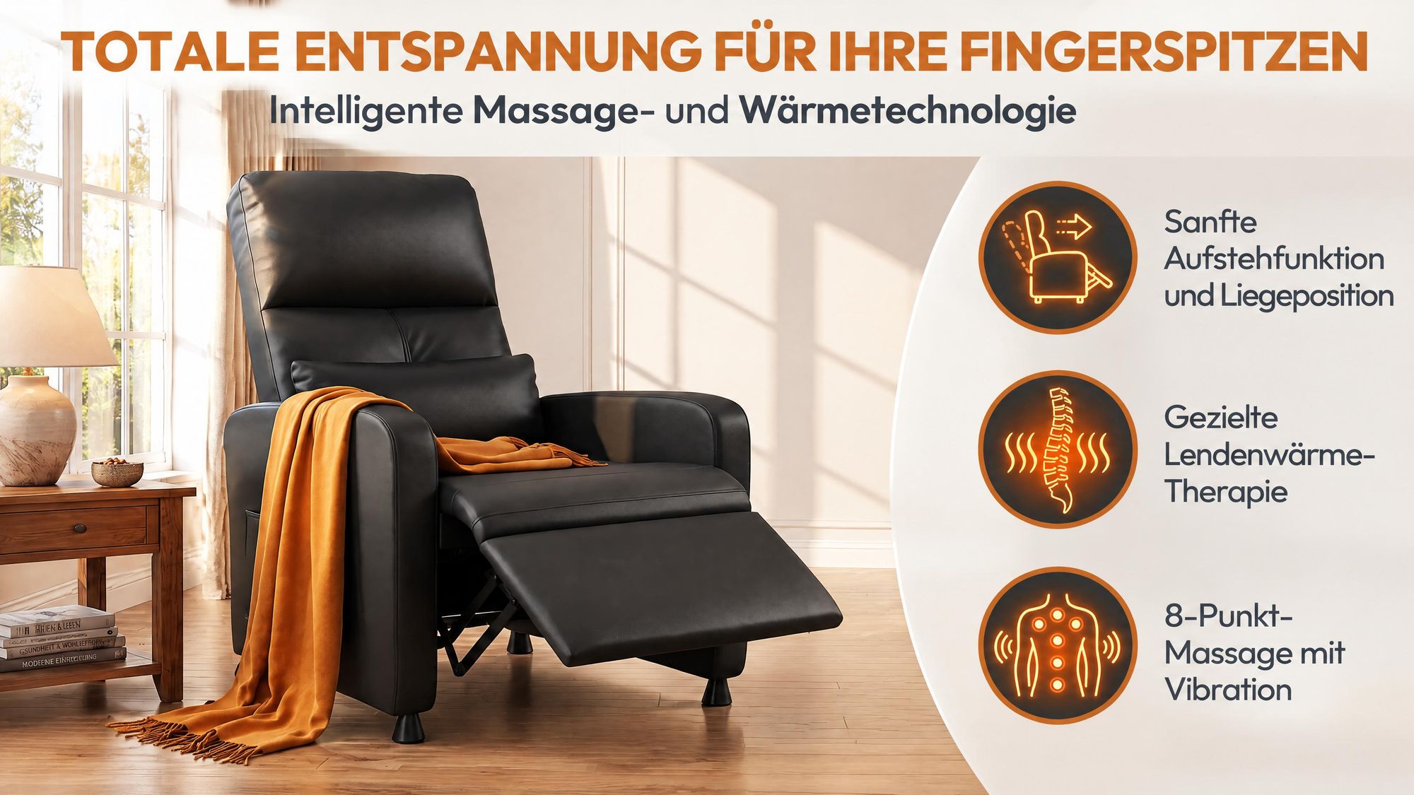 Fernsehsessel Elektrisch mit Liegefunktion, Massagesessel mit Wärmefunktion, Elektrischer Relaxsessel mit Massage, TV Sessel 90°–150° verstellbar