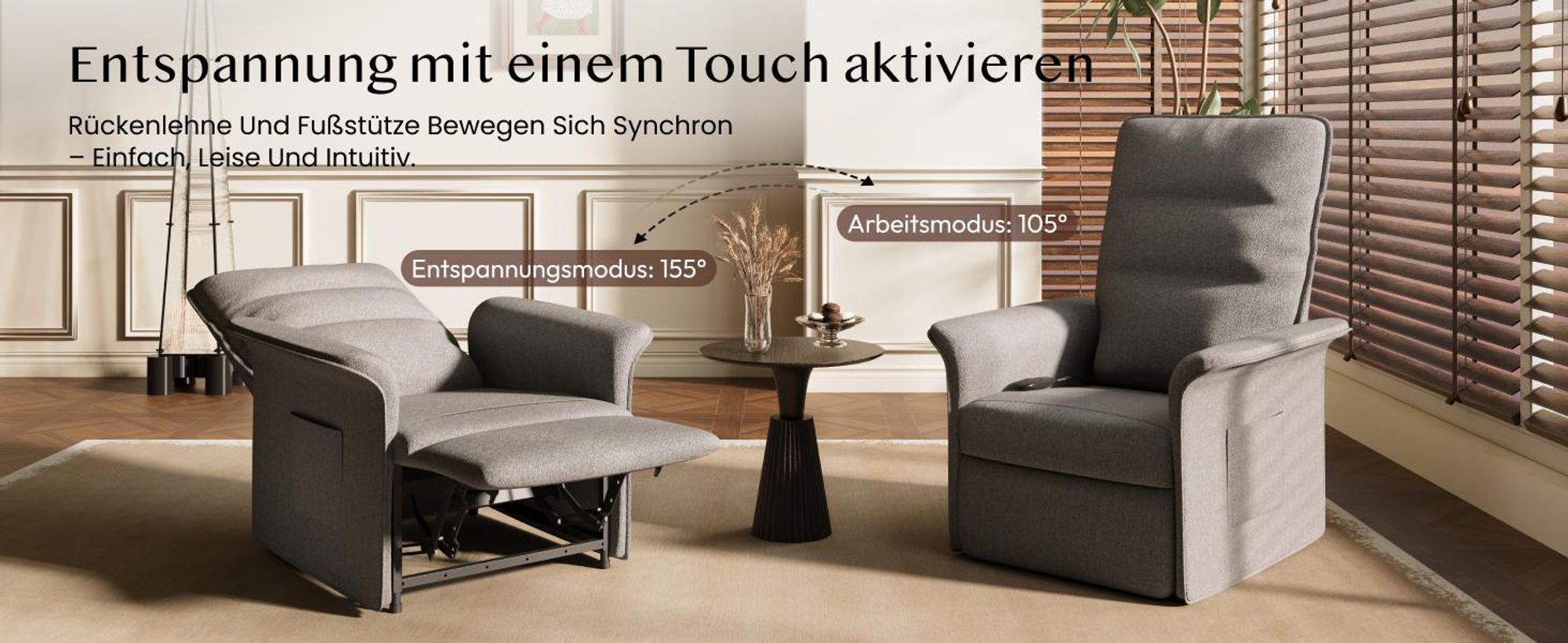 FLEXISPOT Elektrischer Relaxsessel mit Liegefunktion 105°–155°, Verstellbarer TV- & Fernsehsessel für Wohnzimmer, Rückenlehne & Fußstütze (Lichtgrau)