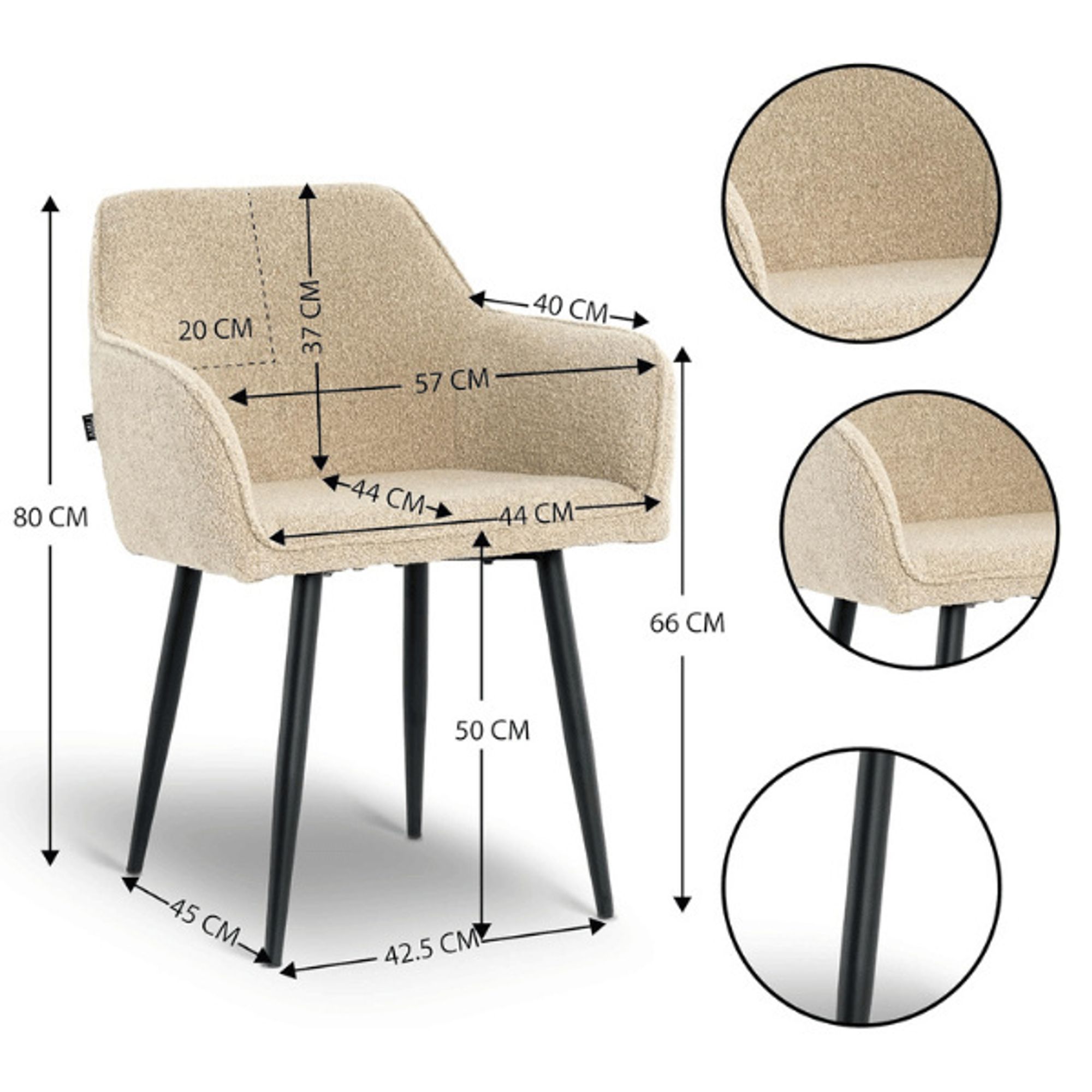 Lina® Diamond Esszimmerstuhl Bouclé Beige mit Armlehnen – Stilvoller Stuhl für Esszimmer, Büro und Küche mit schwarzen Metallbeinen
