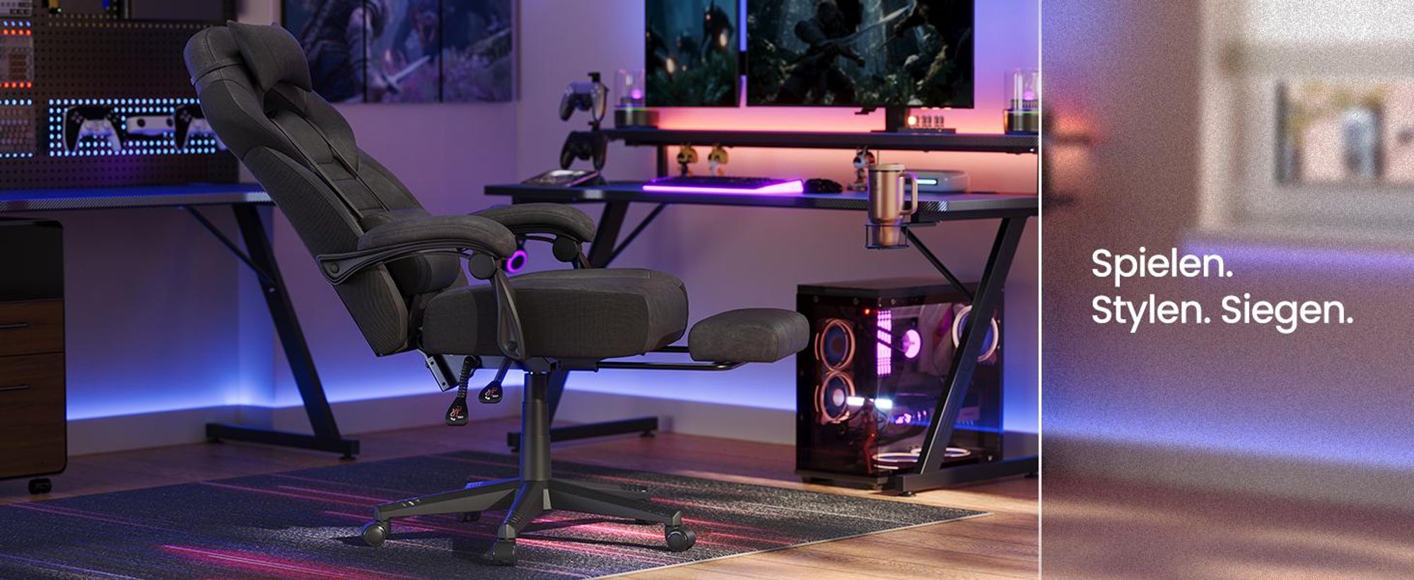 SONGMICS Ergonomischer Bürostuhl mit Fußstütze, Gaming-Stuhl für Home Office, Lendenkissen, Kopfstütze, bis 150 kg, schwarz
