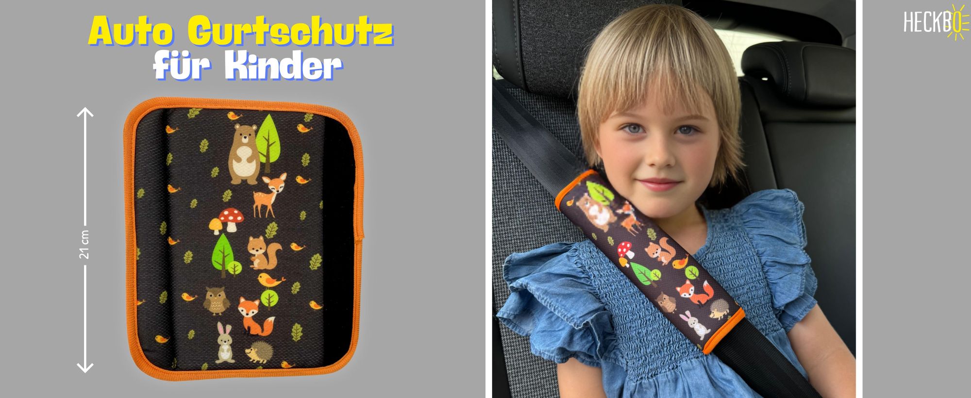 1x HECKBO Kinder Auto Gurtpolster Gurtschutz mit Waldtiere Motiv - Mädchen Sicherheitsgurt Polster für Kinder und Babys- Ideal für jeden Gurt Autositzerhöhungen Kinder Fahrradanhänger Fahrrad