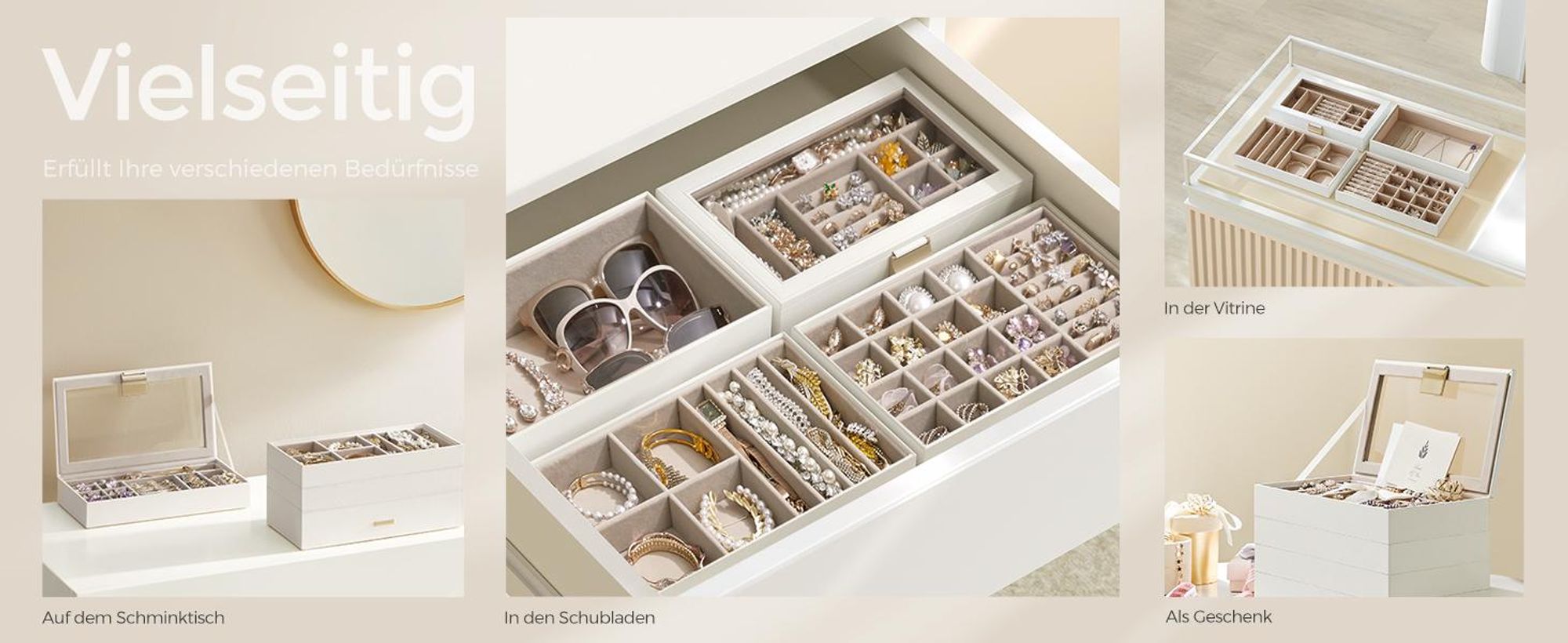 SONGMICS Schmuckkästchen 4 Ebenen, Schmucktablett stapelbar, Schmuckkasten groß, Schmuckbox mit Glasdeckel