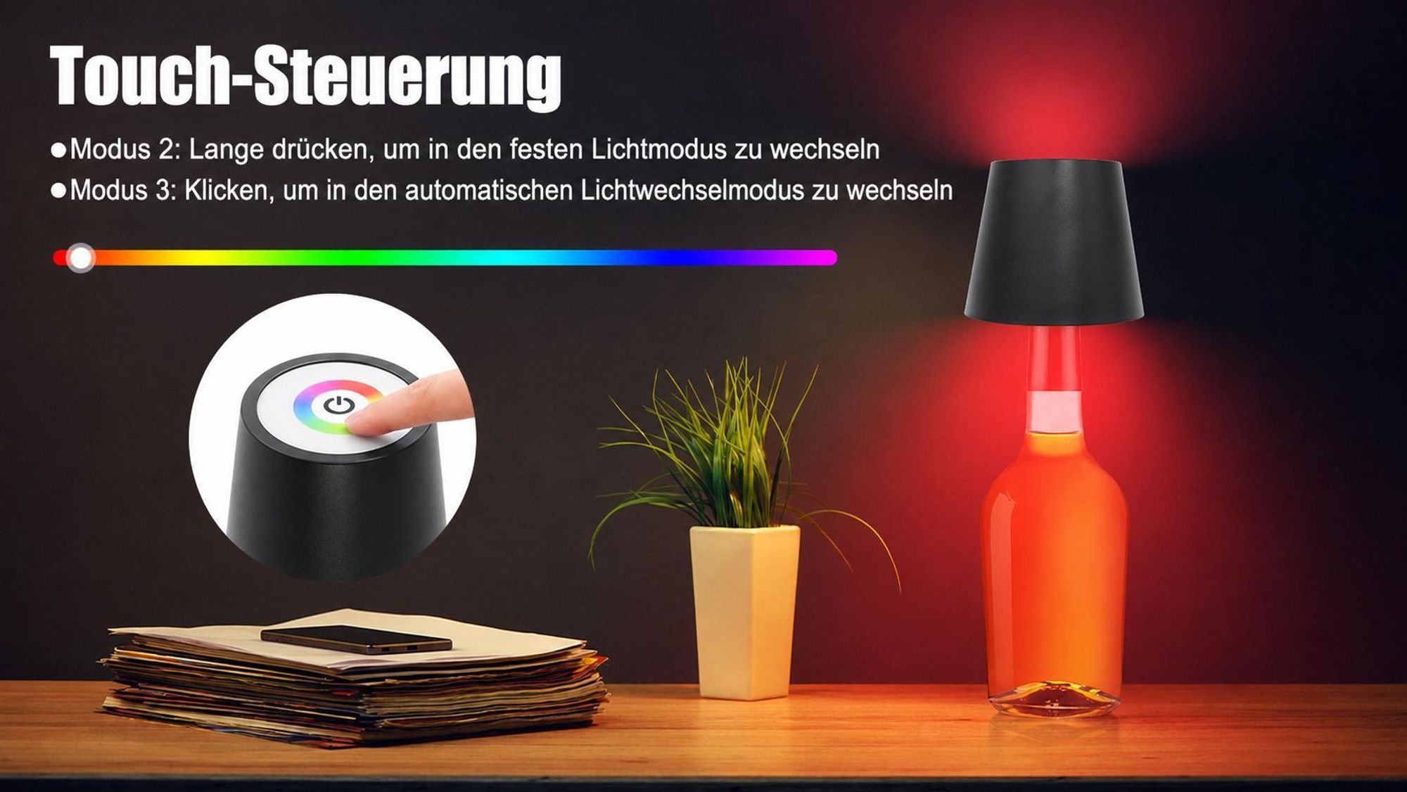 Tragbare kabellose Weinflaschenlampe, RGB-Modus einstellbar, LED-Schreibtischlampe, kabellose dimmbare LED-Tischleuchte, USB wiederaufladbar, schwarz