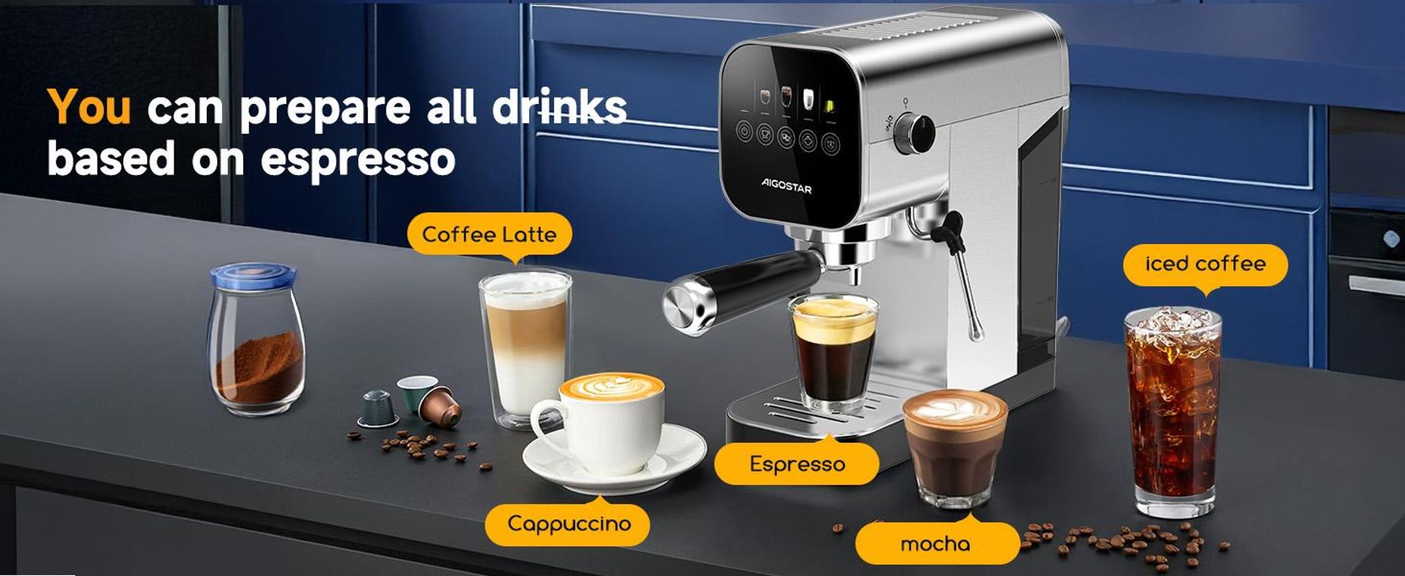 Aigostar Siebträgermaschine Espressomaschine mit Milchaufschäumer, Kompatibel mit Kapseln und Gemahlenem Kaffee, 20 Bar, Digitales Touchpanel