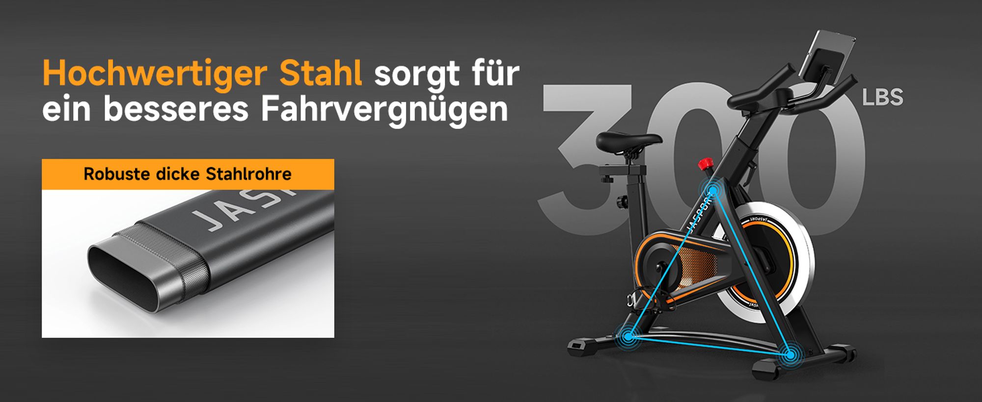 JASPORT A3 Leises Heimtrainer Fahrrad, LED-Monitor, Bluetooth & App, verstellbarer Sitz & Widerstand, Tablet-Halter, bis 120 kg, Fitnessbike Zuhause