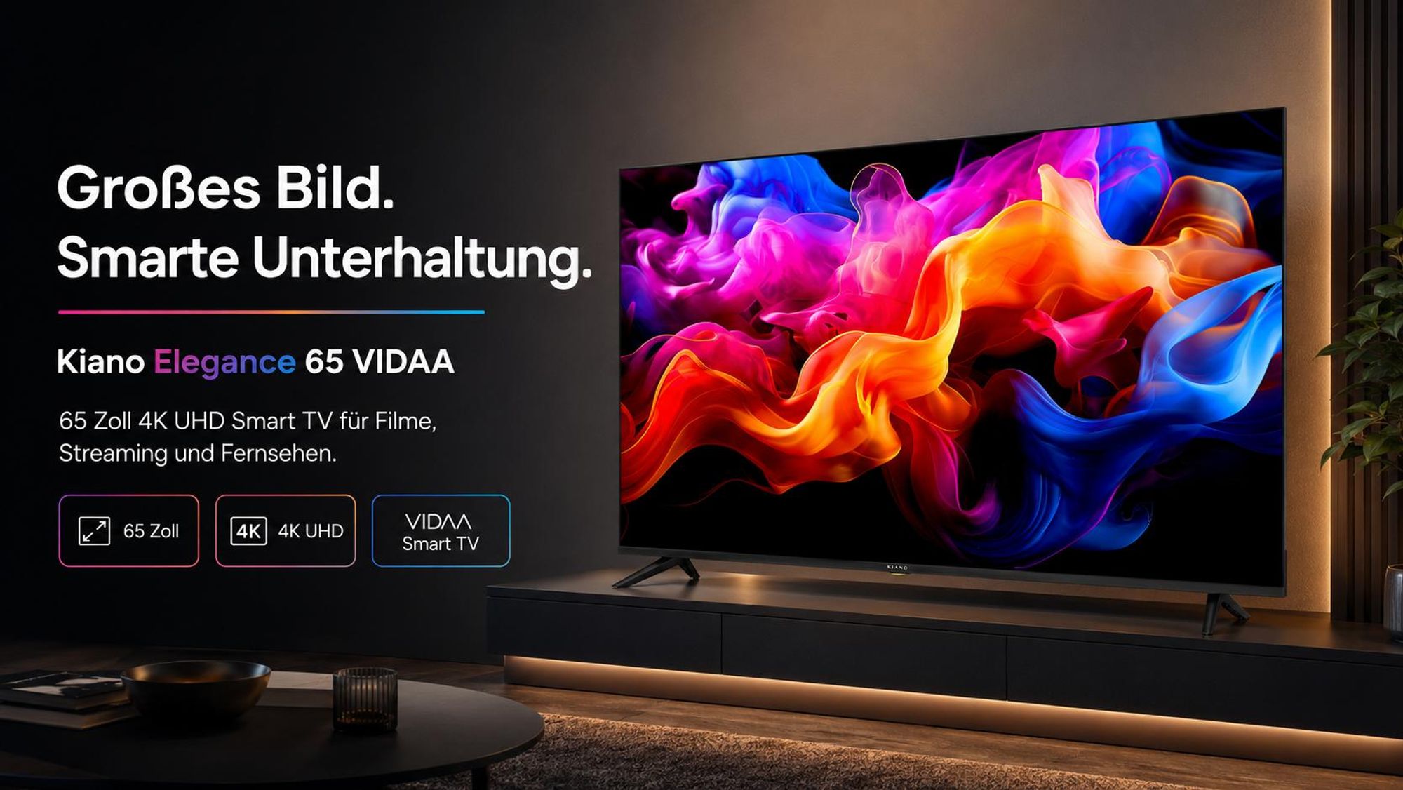 Kiano Elegance 65 VIDAA 4K UHD Smart TV, 65 Zoll DLED Fernseher mit HbbTV, WLAN