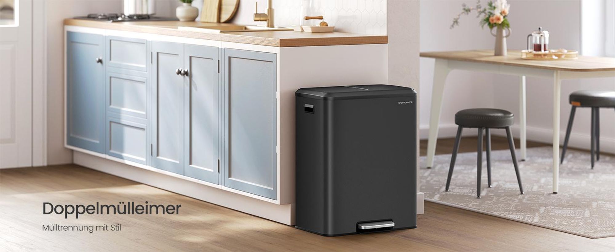 Mülleimer Küche, Mülltrennsystem 2 x 30 L, 2 Fächer, Abfalleimer, Inneneimer, Stahl, Softclose-Deckel, wolkenweiß