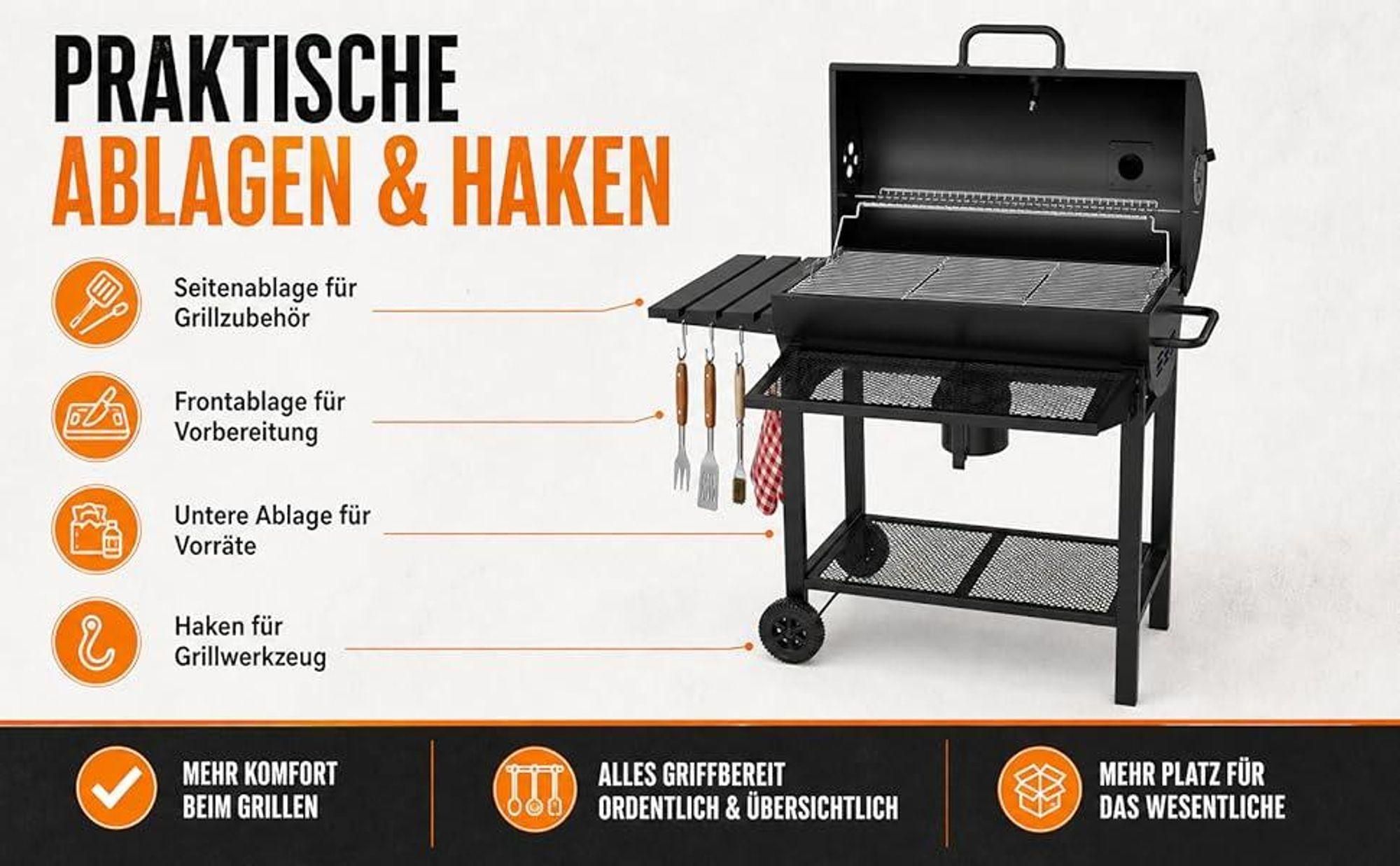 THE BLACK BEAST Holzkohlegrill Grillwagen - Kohlegrill BBQ Smoker mit Deckel, Thermometer und Schorn