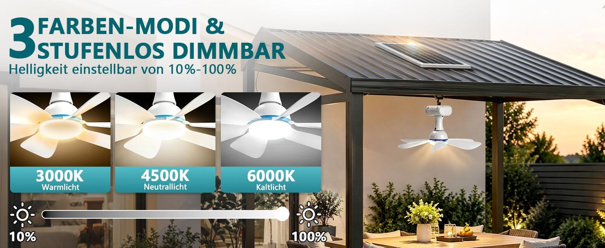 Solar Deckenventilator mit Beleuchtung, 13W Solarpanel & 6000mAh Akku, 3 Stufen Camping Ventilator mit Timer FB für Outdoor, Pavillon, Gewächshäuser