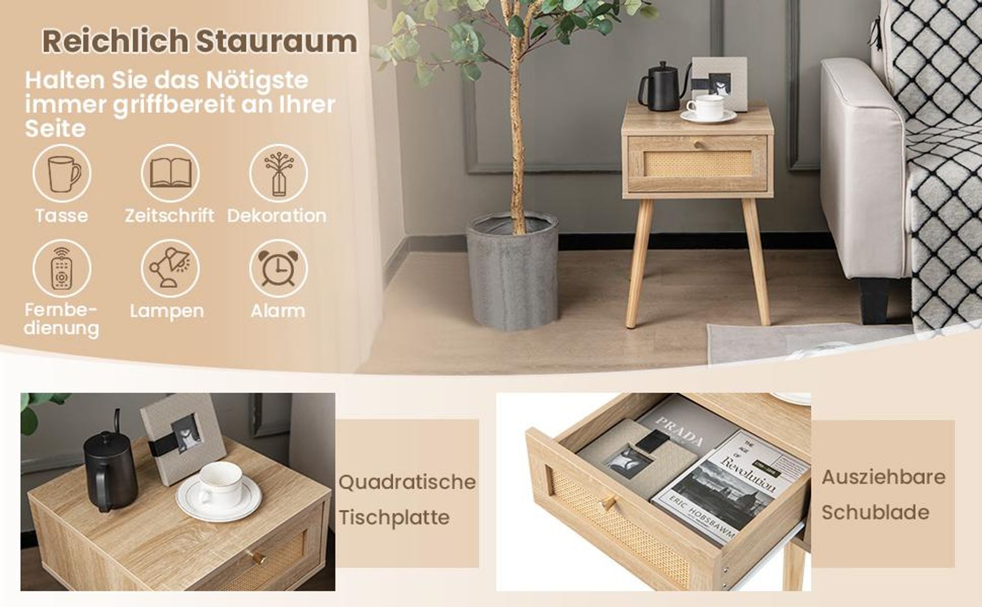 COSTWAY Nachttisch mit Schublade, Beistelltisch mit Rattan-Design, Nachtkommode, Nachtkonsole, Sofatisch für Schlafzimmer, Wohnzimmer, Eiche, 40 x 40 x 55 cm