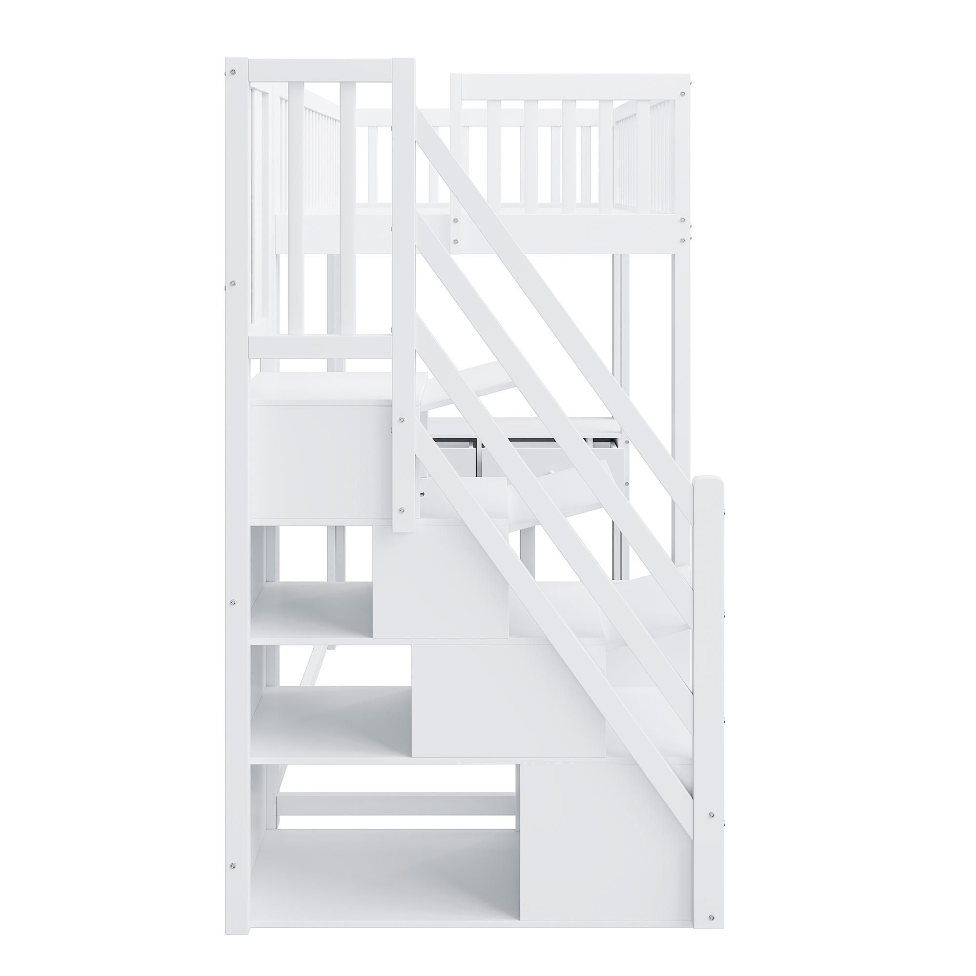 Flieks Etagenbett 90x200cm mit Rausfallschutz, Hochbett mit Schreibtisch, Kinderbett Einzelbett Holzbett mit Schubladen, Stockbett mit Treppe, Weiß