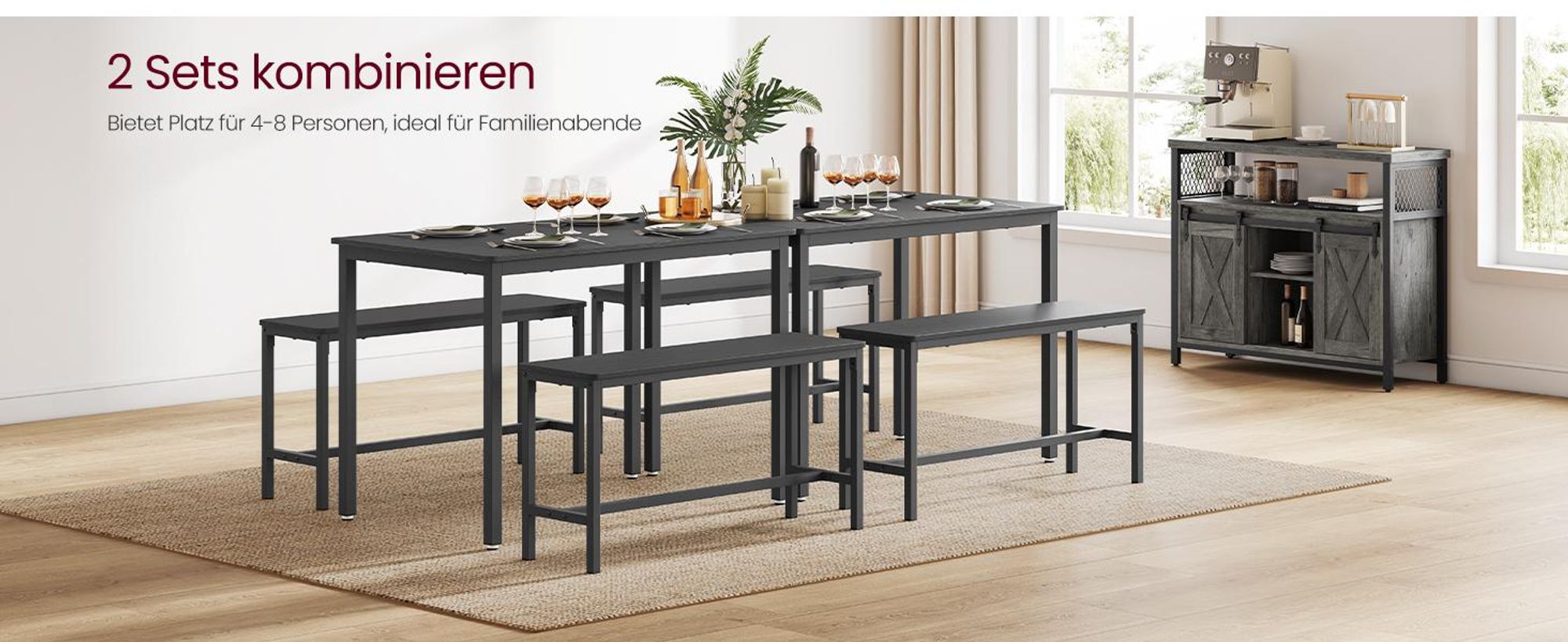 VASAGLE Esstisch, Küchentisch-Set mit 2 Bänken, 3er-Set, 110 x 70 x 75 cm, Aschschwarz-Tintenschwarz