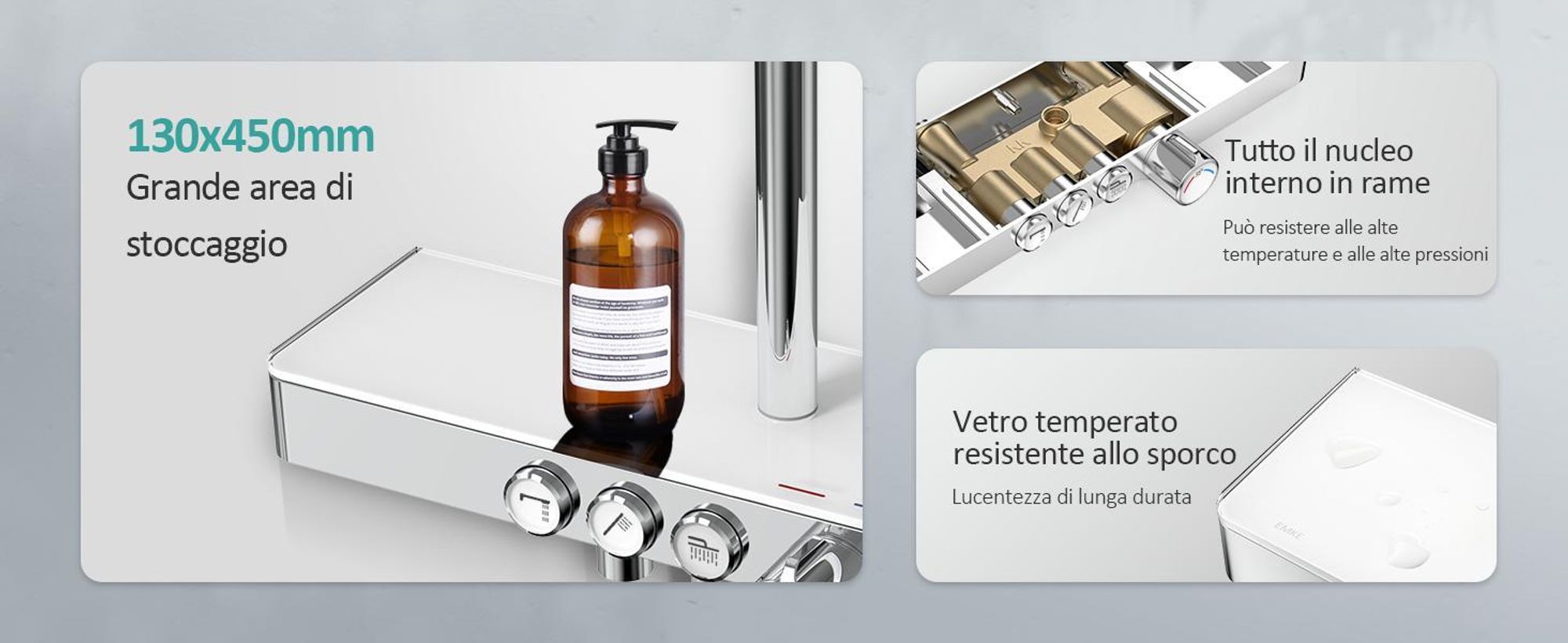 Sistema doccia EMKE con termostato 1146x450x480mm mensola in vetro doccetta con 3 modalità di getto doccia a pioggia, rubinetteria per bagno e doccia, KTW, cromo F10