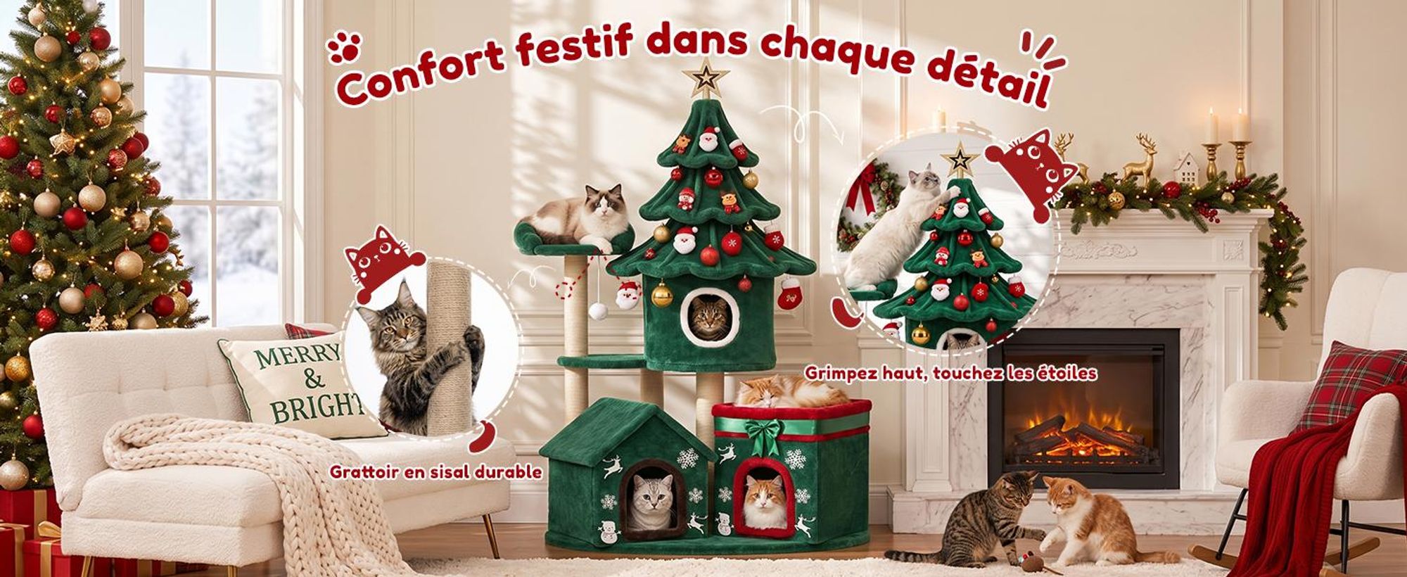 COMHOMA, arbre à chat de 155 cm, grand modèle, multi-niveaux avec des poteaux à gratter, tour à chat multi-étages, arbre à chat d'activités avec jouets pour chats, idéal pour Noël