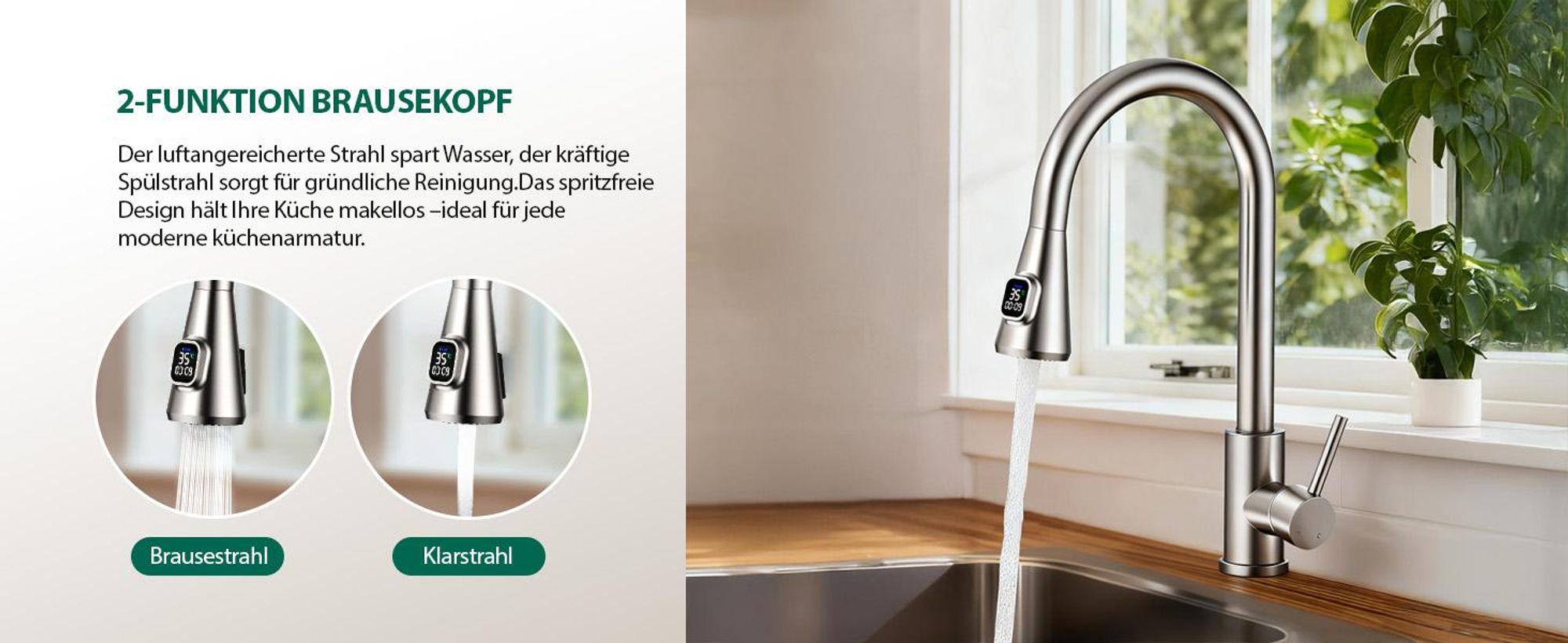 Homelody Wasserhahn Küche mit 2 Strahlarten,360° Drehbar Küchenarmatur,Edelstahl Spültischarmatur,Hochdruck Armatur,Mischbatterie Küche Matt Gebürstet