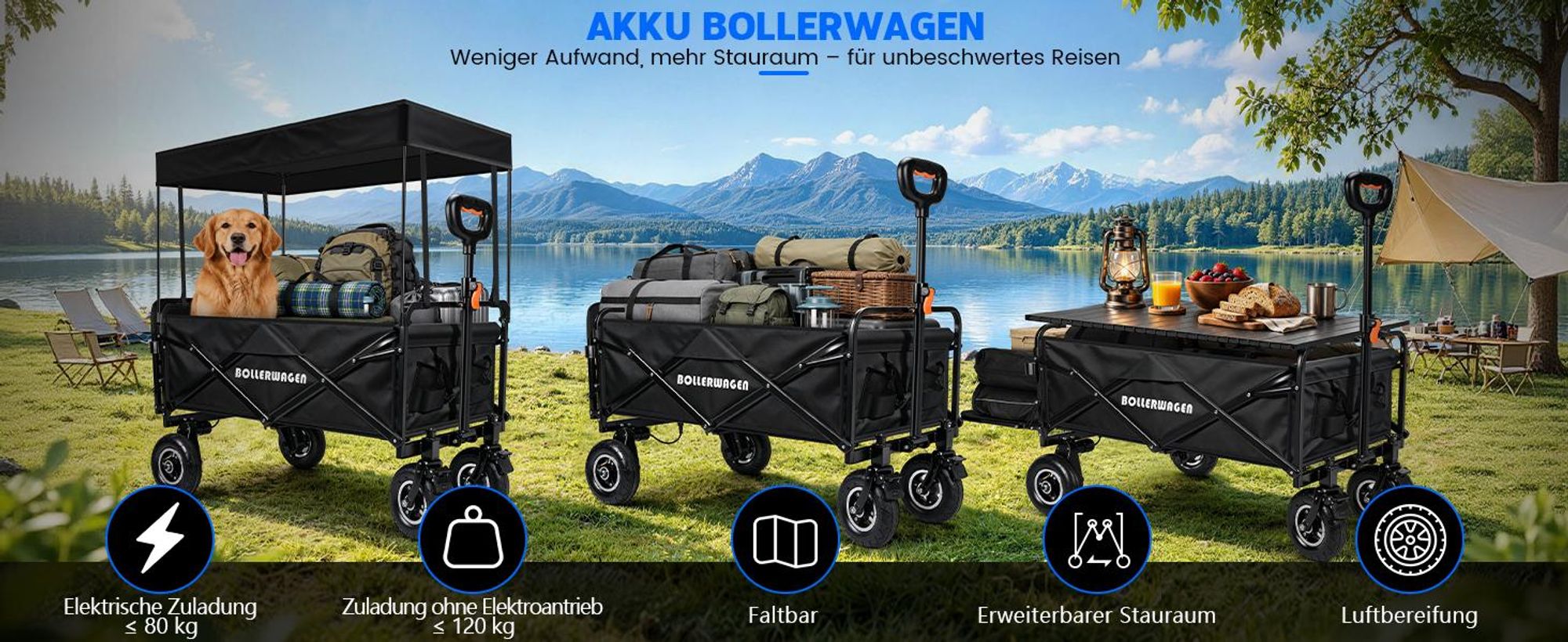 Luftreifen Elektrokarre mit Campingtisch, Bollerwagen mit 2×2,0AH Akku & 2×50W Motor, 240L 120KG Faltbar Transportwagen Strandwagen für Makita Akku