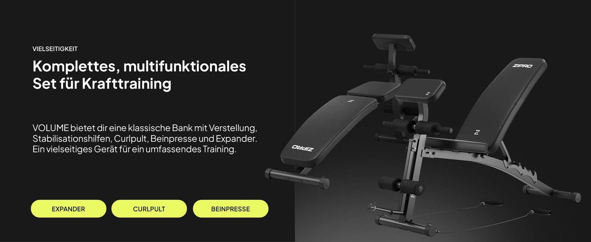 Zipro Volume Multifunktions-Trainingsbank mit Beinpresse und Bizeps-Curlbänke für Ganzkörpertraining, verstellbare Bank, schwarz, Belastbarkeit 230 kg