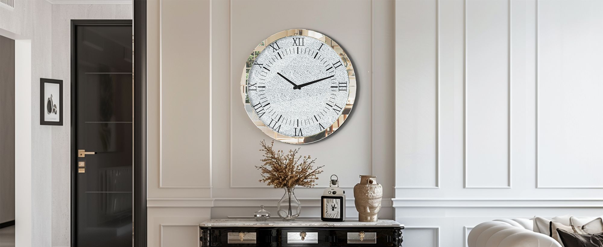 WISFOR Wanduhr 60 cm, rund Dekouhr, Atmosphera Küchenuhr Wohnzimmer Bürouhr, Leise Römischen Ziffernr, Glas, Silber