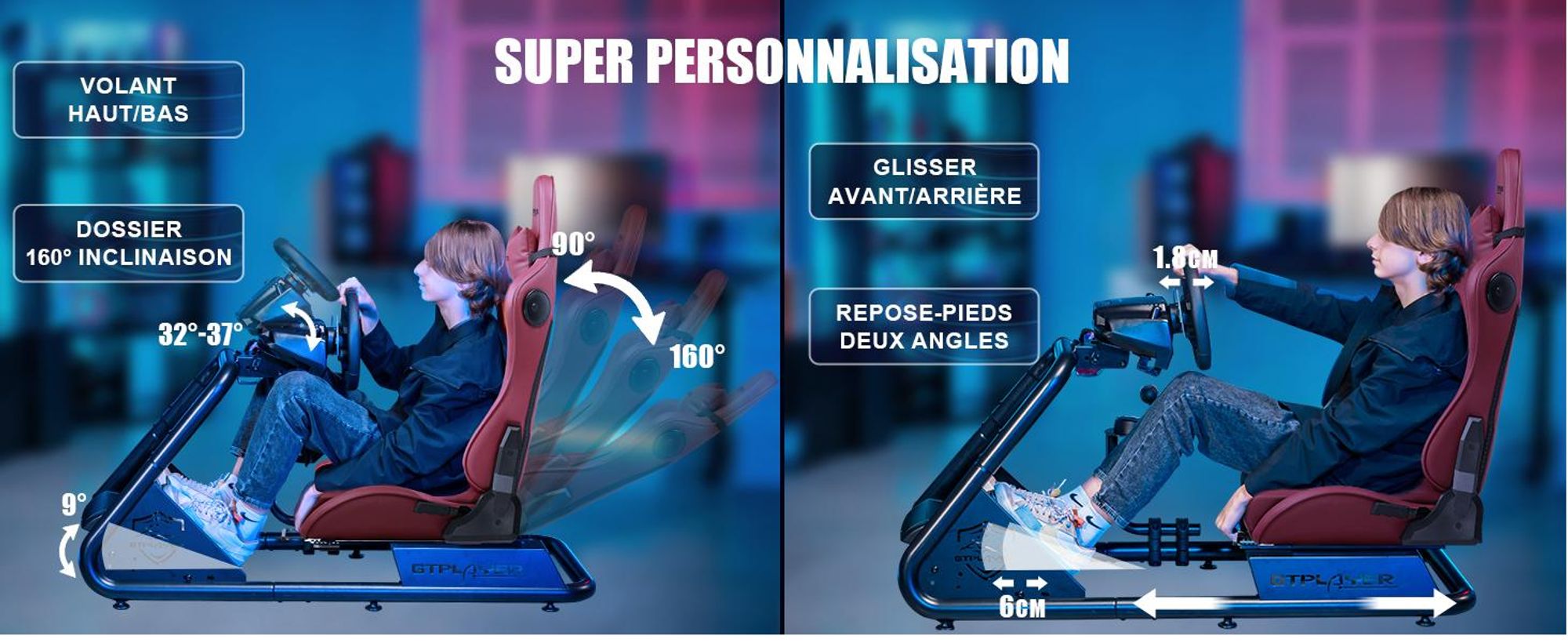GTPLAYER simulateur de cockpit, SIM racing cockpit, simulateur de course support de volant fauteuil gaming racing wheel stand avec haut-parleur bluetooth et repose pédale