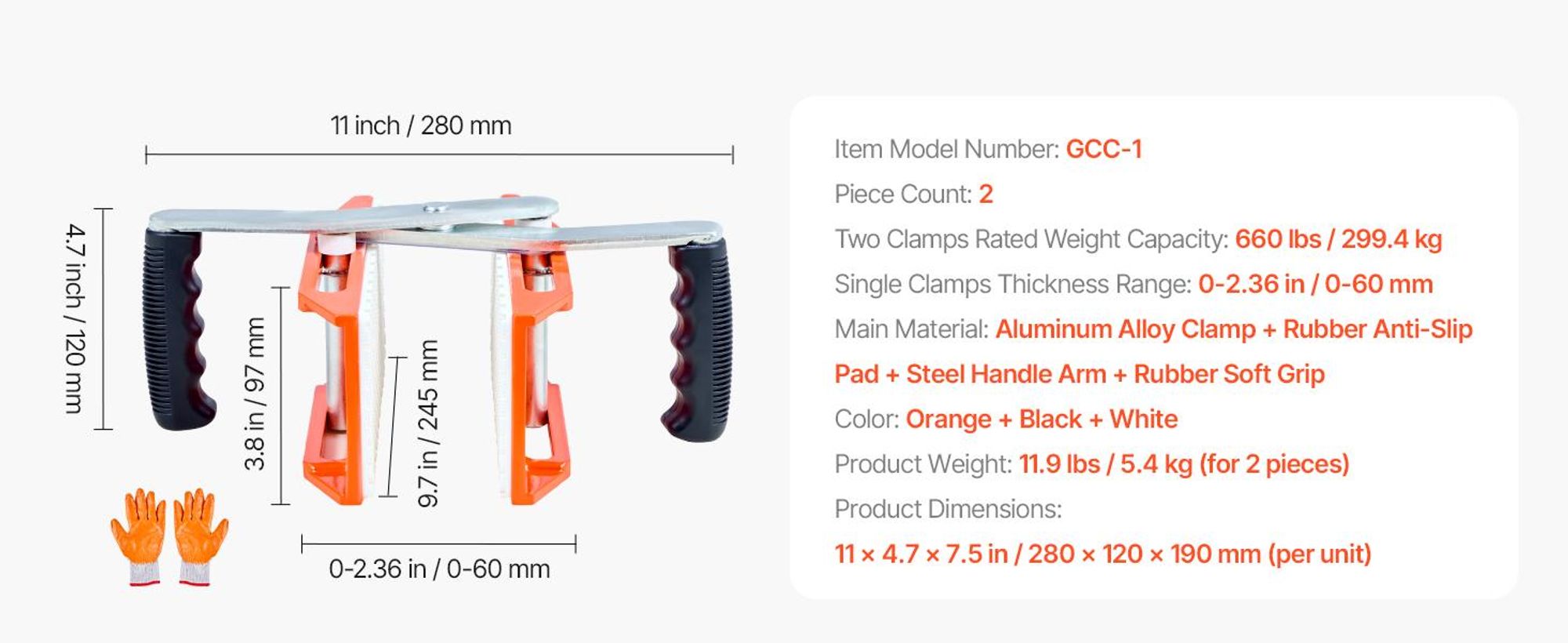 VEVOR Doppelte Steintrageklemmen, 299 kg Tragfähigkeit, 2er Pack Granitplatten-Tragewerkzeuge mit Gummiummantelung (0-60 mm), Schwerlast-Trageklemmen für Sperrholz, Glas, Granit