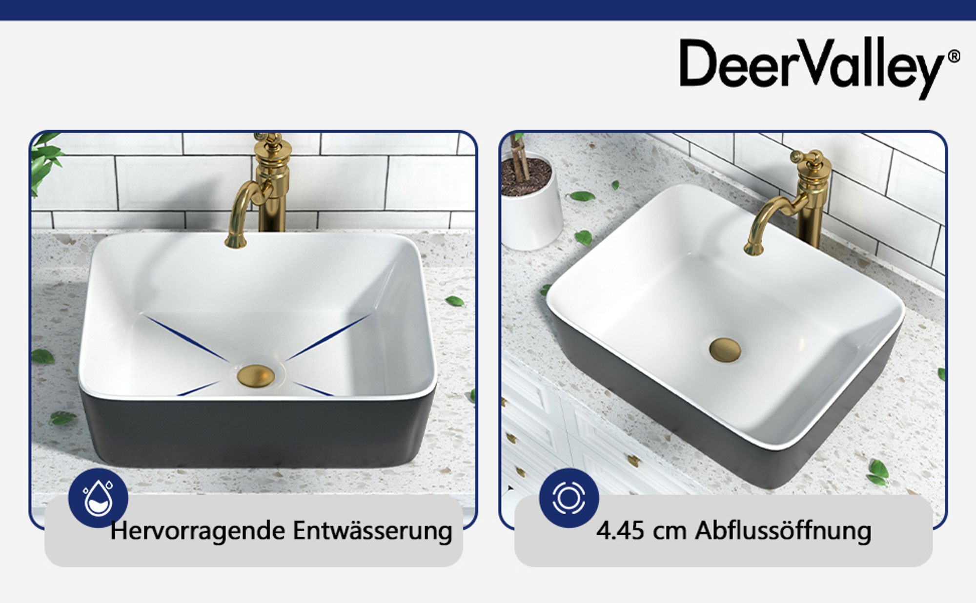DeerValley DV-1V0001 Badezimmer-Waschbecken 48cm x 37cm Aufsatz-Waschbecken Rechteckiges Keramik-Waschbecken Schwarz und Weiß