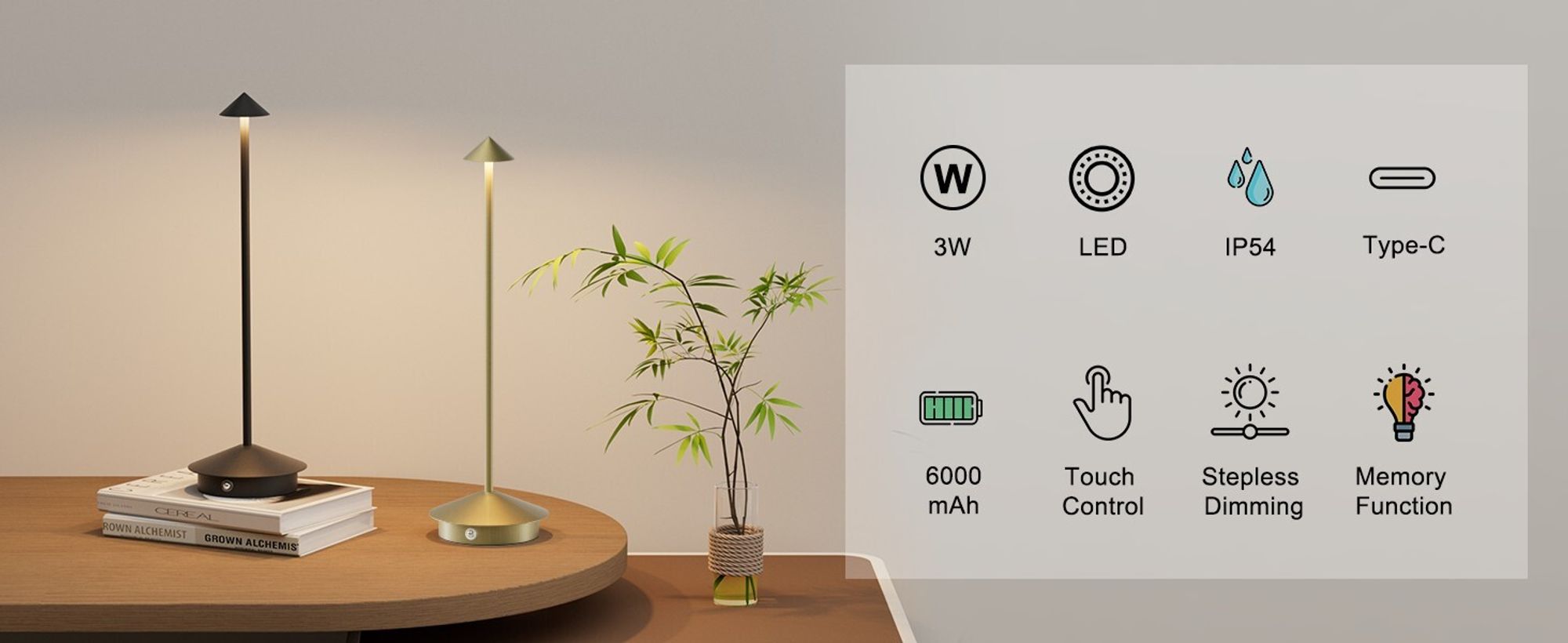 LED Nachttischlampe Kabellose Dimmbare LED Tischleuchte Tischlampe, Stufenloses Dimmen in drei Farben, Tragbare USB Aufladbar kabellose lampe, Schwarz