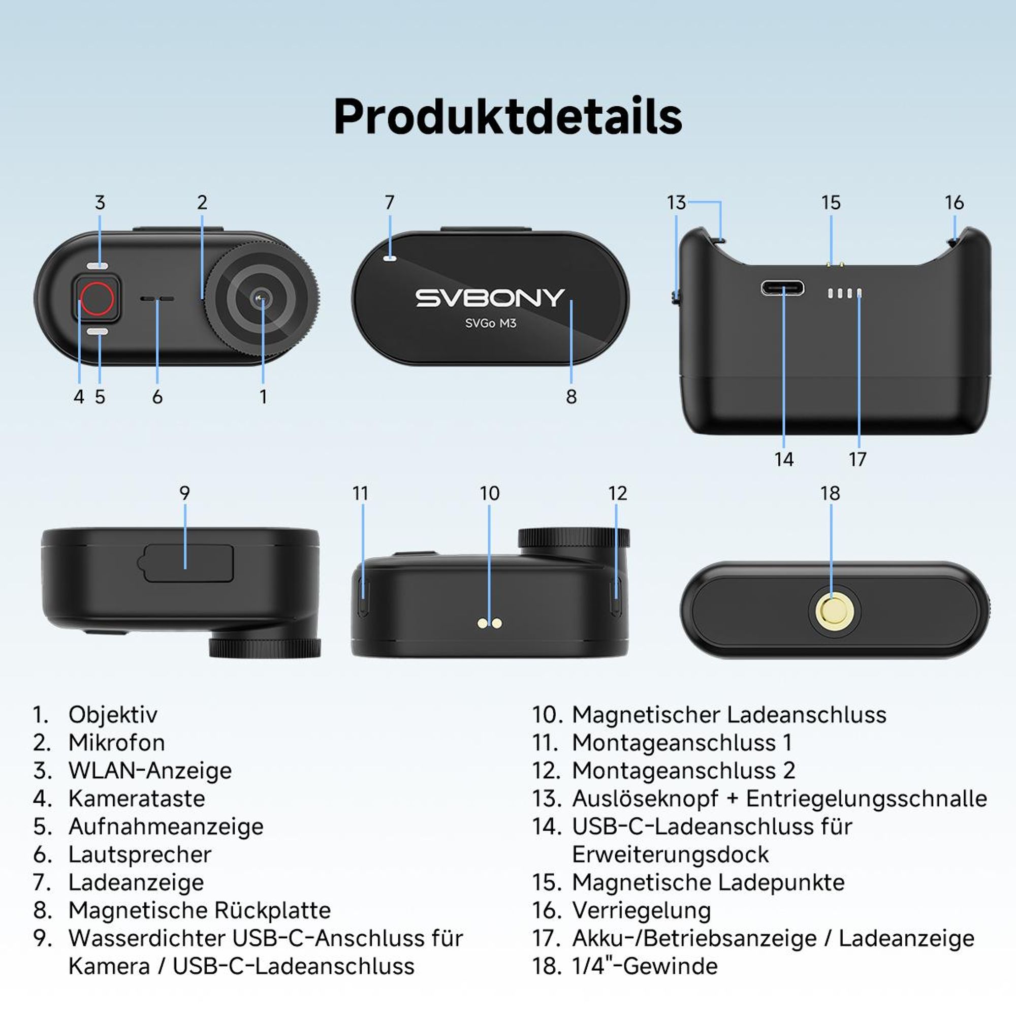 SVBONY SVGo M3 POV Action Kamera, 4K/30fps, 64GB Speicher, 43g Ultraleichte, Mini Bodycam, IP68 Wasserdicht bis 10m, 300 Min Akkulaufzeit, WLAN App